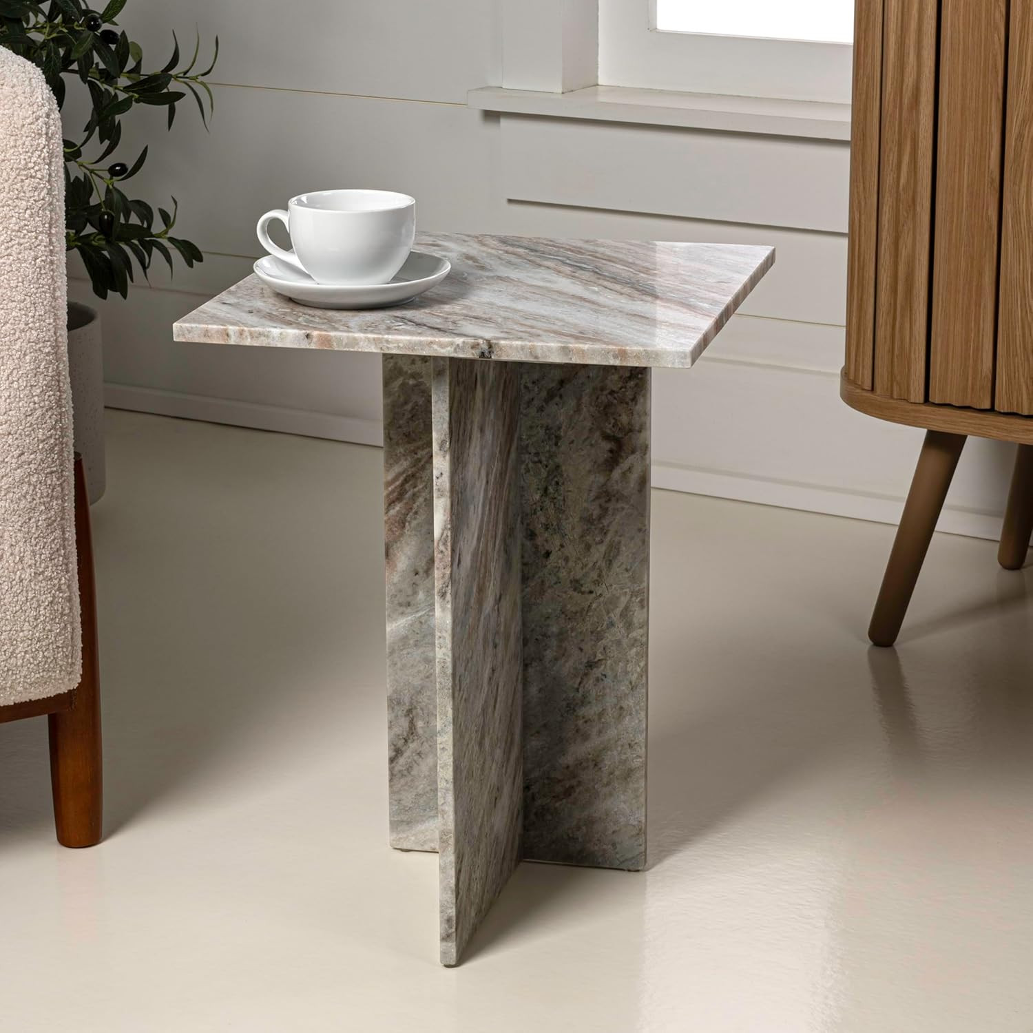 Cecil 18.5″ Handmade T-Shaped Natural Marble End Table in Gray/Beige
