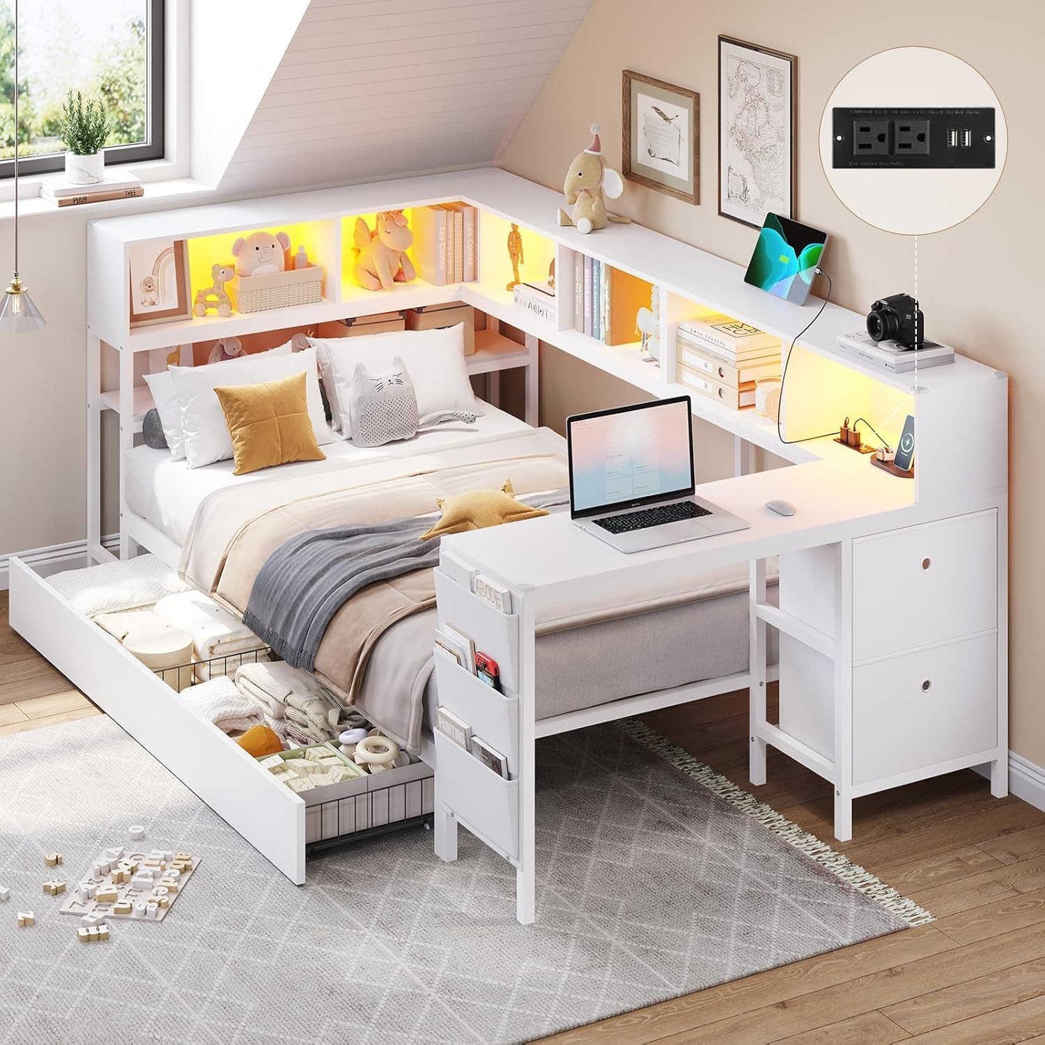 Twin Corner Bed Frame Daybed with Desk,Bookcase Storage,Charging Station,