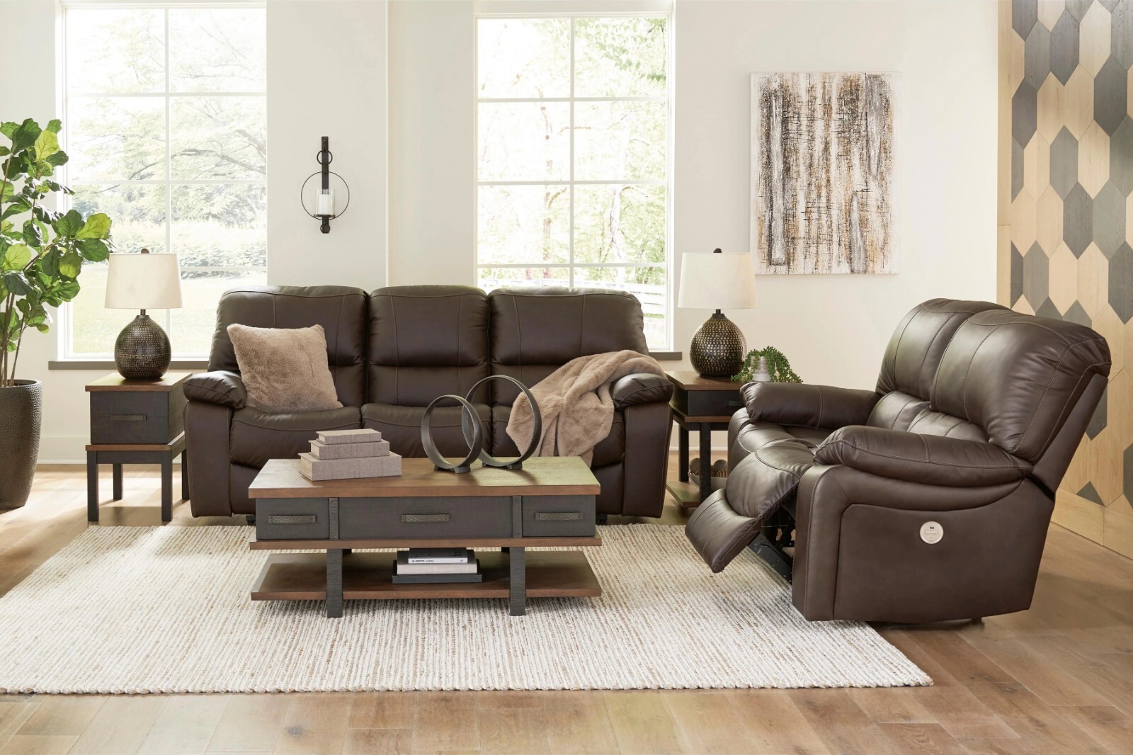 GENUINE Top-Grain Leather Power Recliner 2PC Sofa Loveseat Living Set Brown
