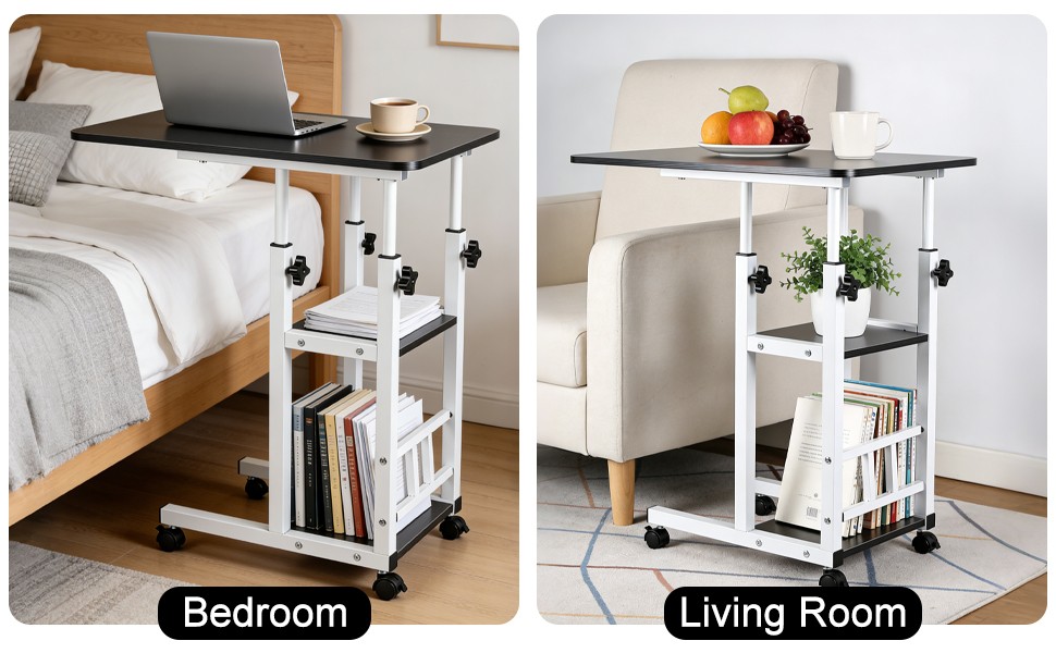 Height Adjustable C Table on Wheels with Storage Shelves Sofa End Table
