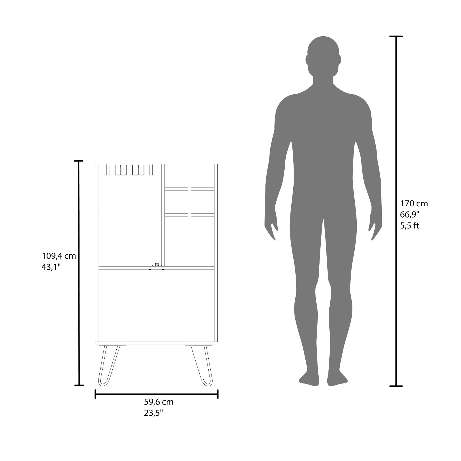 Space-saving design Bar Cabinet 43.1″ H with Two doors,nine shelves for drinks