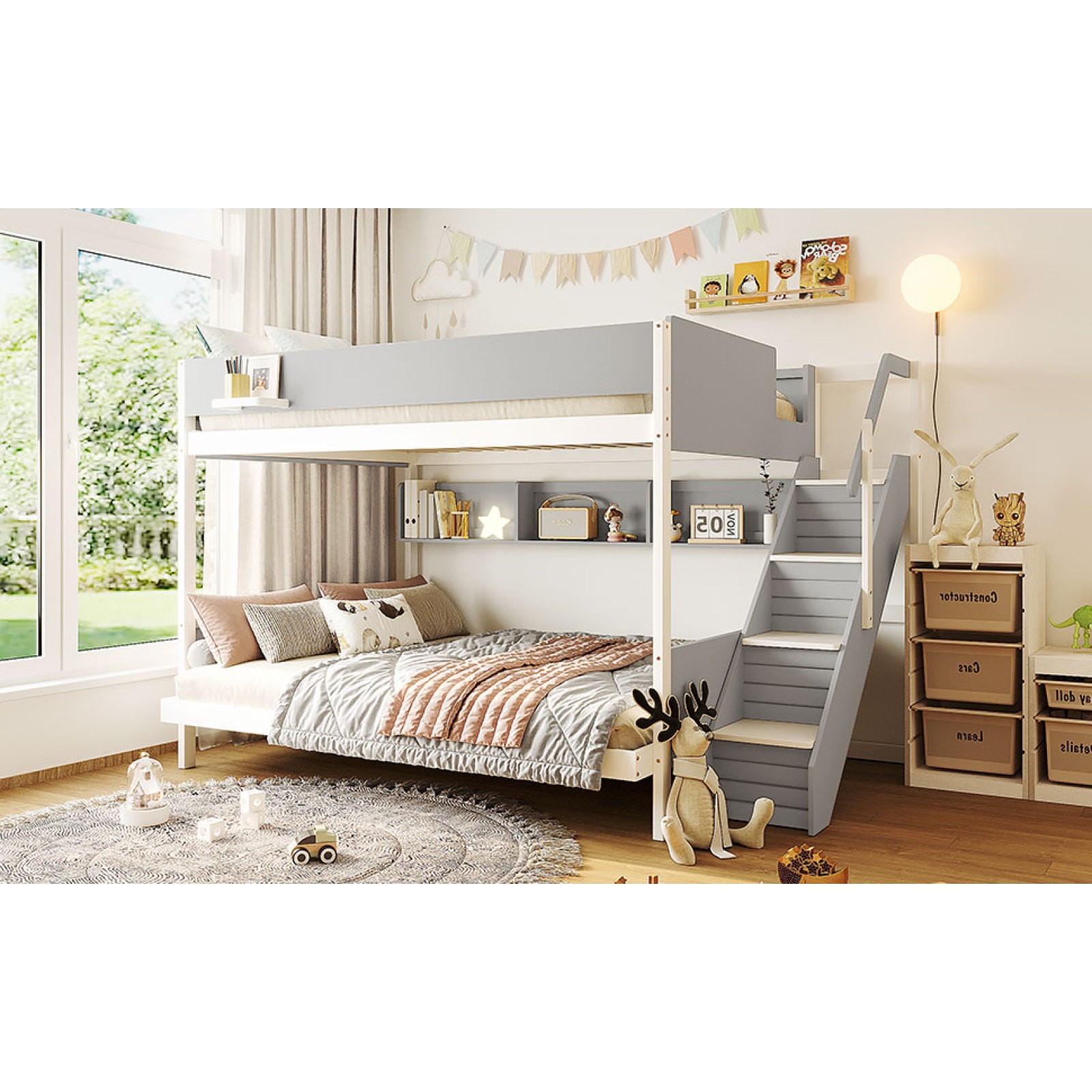 Twin Over Full Bunk Bed with Staircase, Side Shelves, LED Lights, Gray