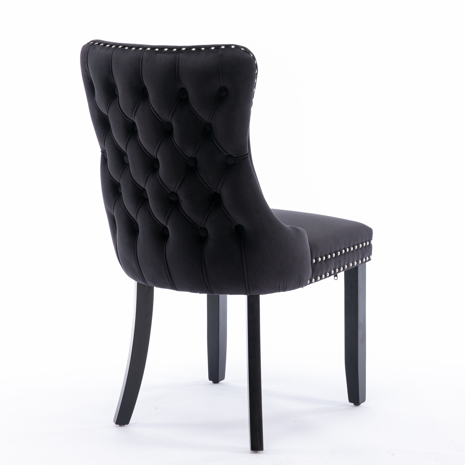 2xUpholstered Wing-Back Dining Chairs with Nailhead Trim Wood Legs Kitchen Black