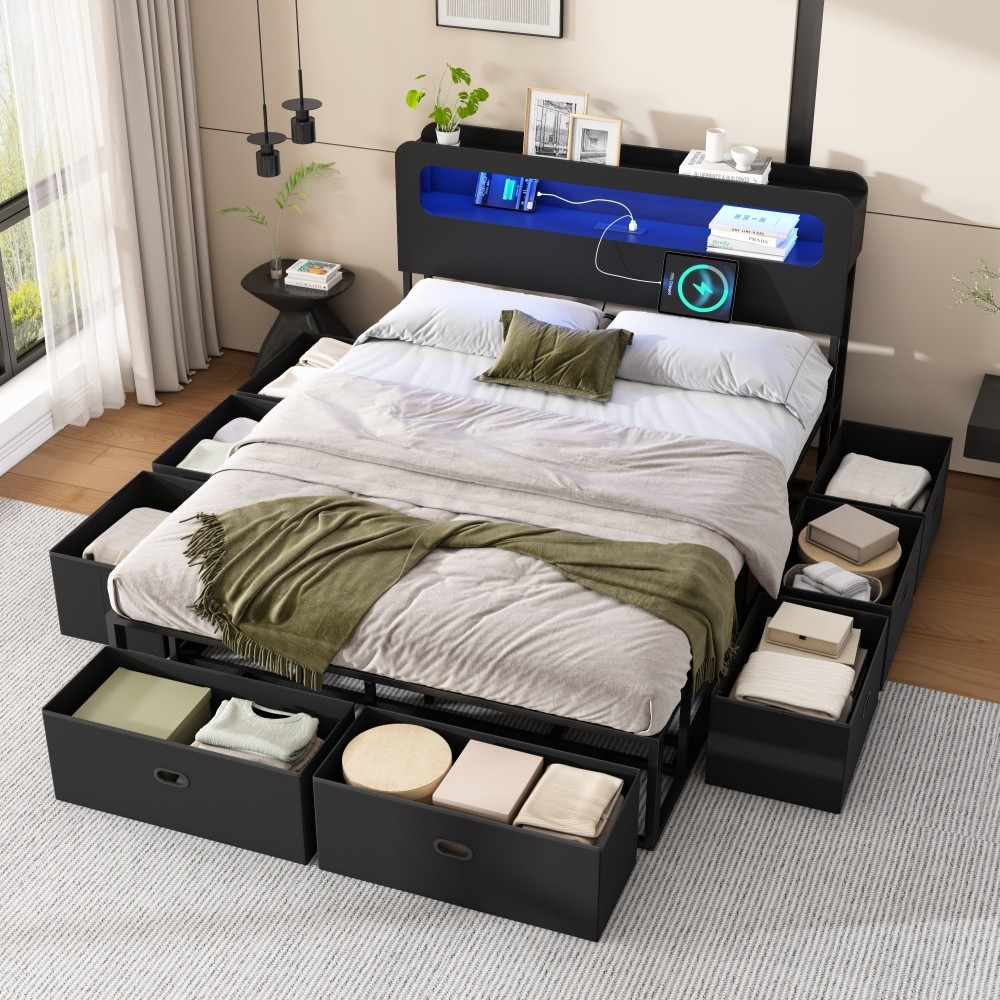 Full Size Bed Frame with Storage Drawers, LED Headboard & Charging Station