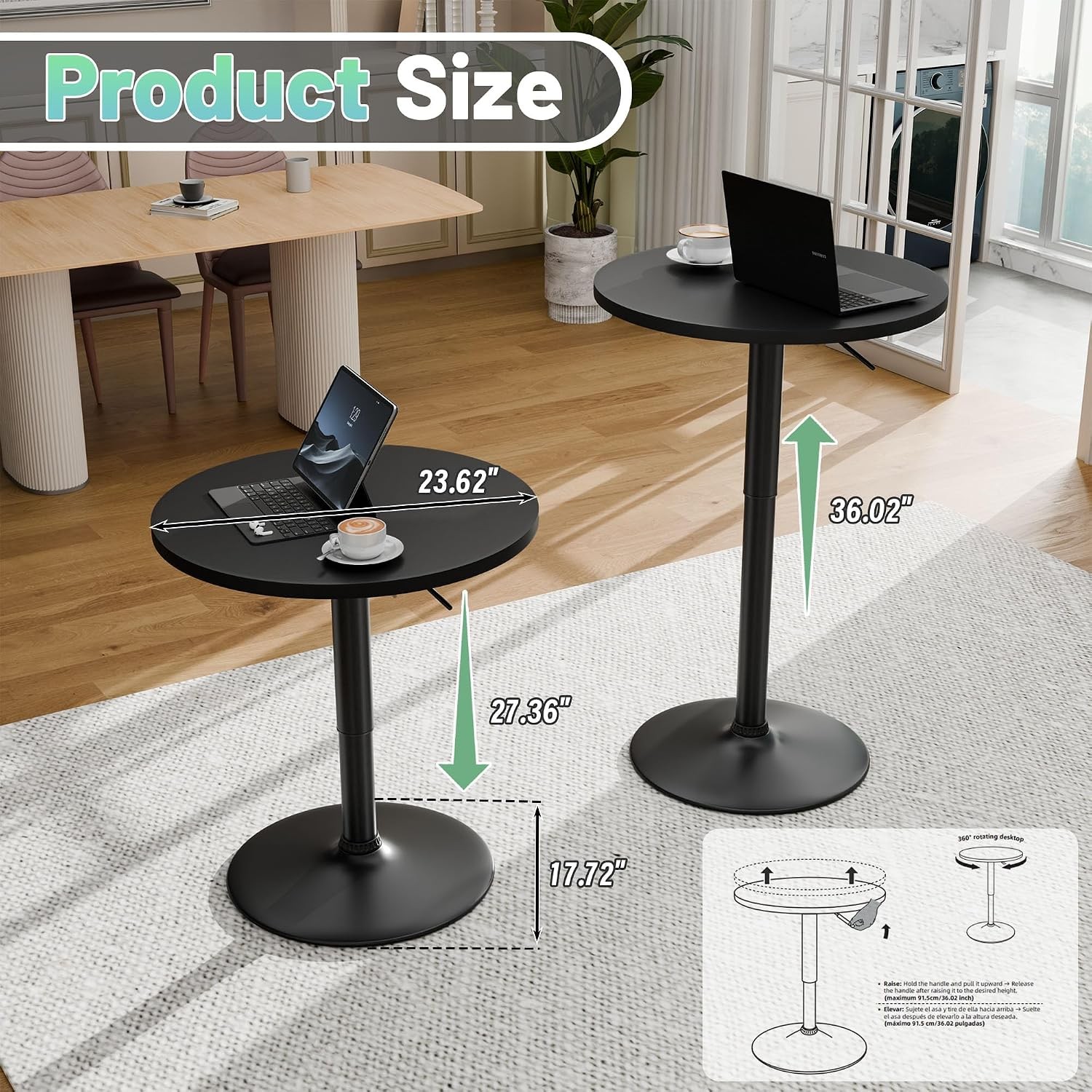 Bistro Pub Table Height Adjustable Round Bar Table 27.4-36 Inches 360°Swivel