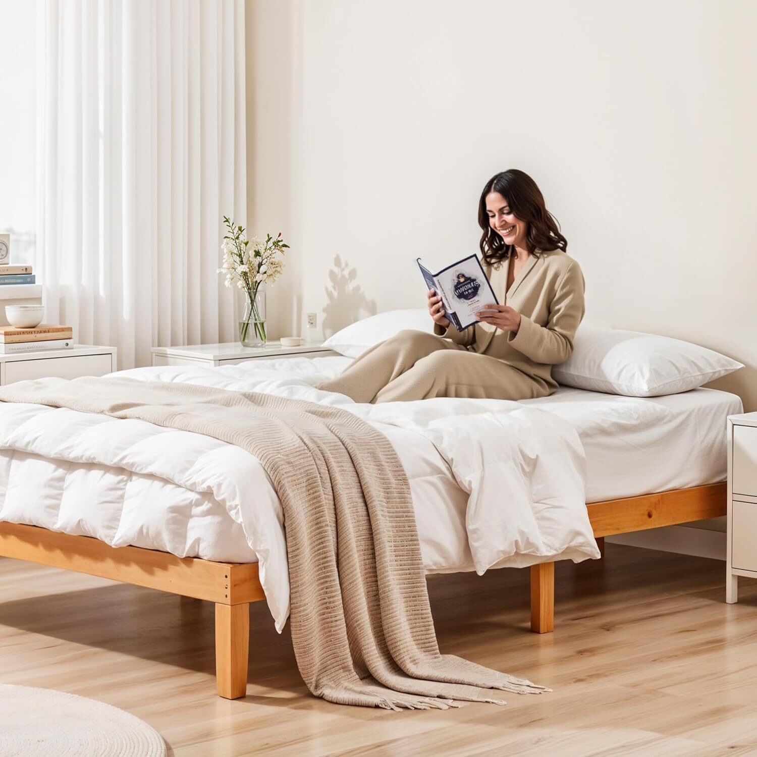Twin Full Queen King Solid Wood Platform Bed Frame Strong Wood Slat Support