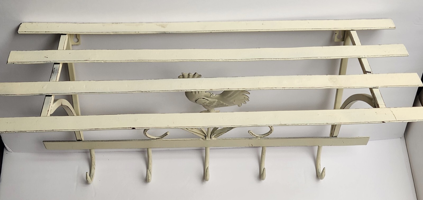Cast Iron Slat Wall-Shelf with Hooks Rustic Ivory Chicken Rooster Country Accent