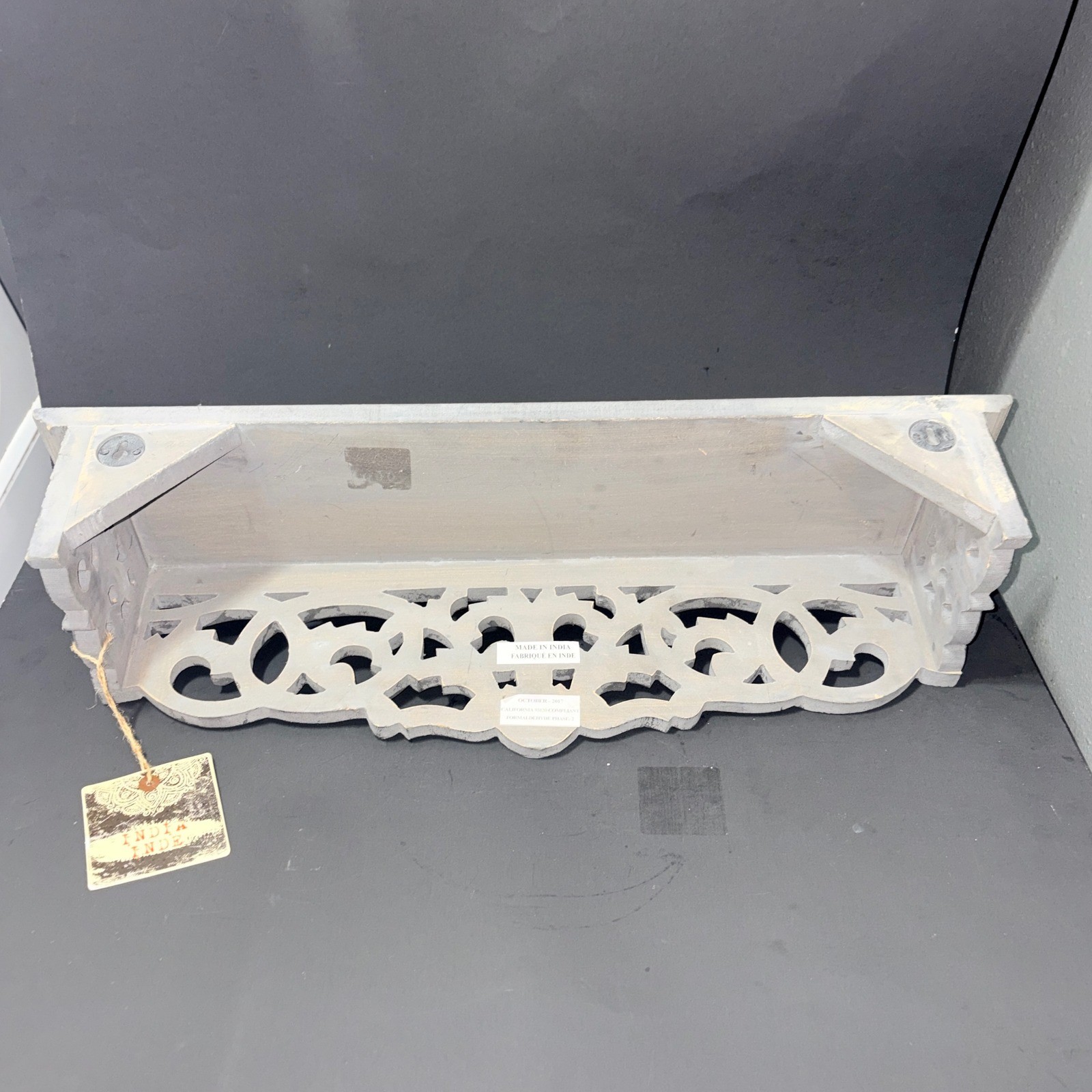 Handcrafted Indian Wood Wall Shelf Ornate Carved Scrollwork Distressed Grey 24in