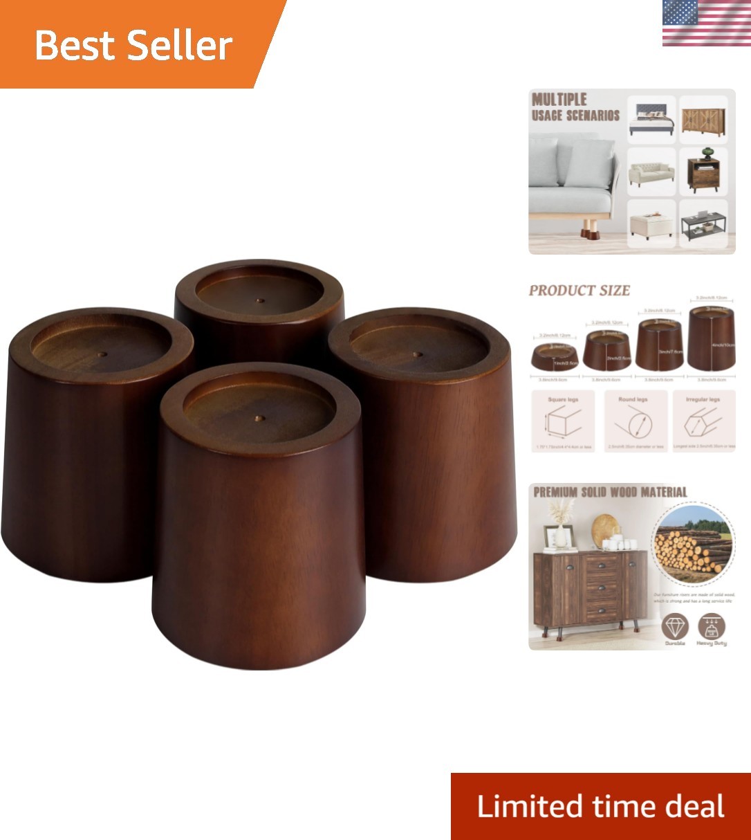 Wood Bed Furniture Risers Blocks – 4 inch Set of 4 Bed Risers, Heavy Duty Sol…
