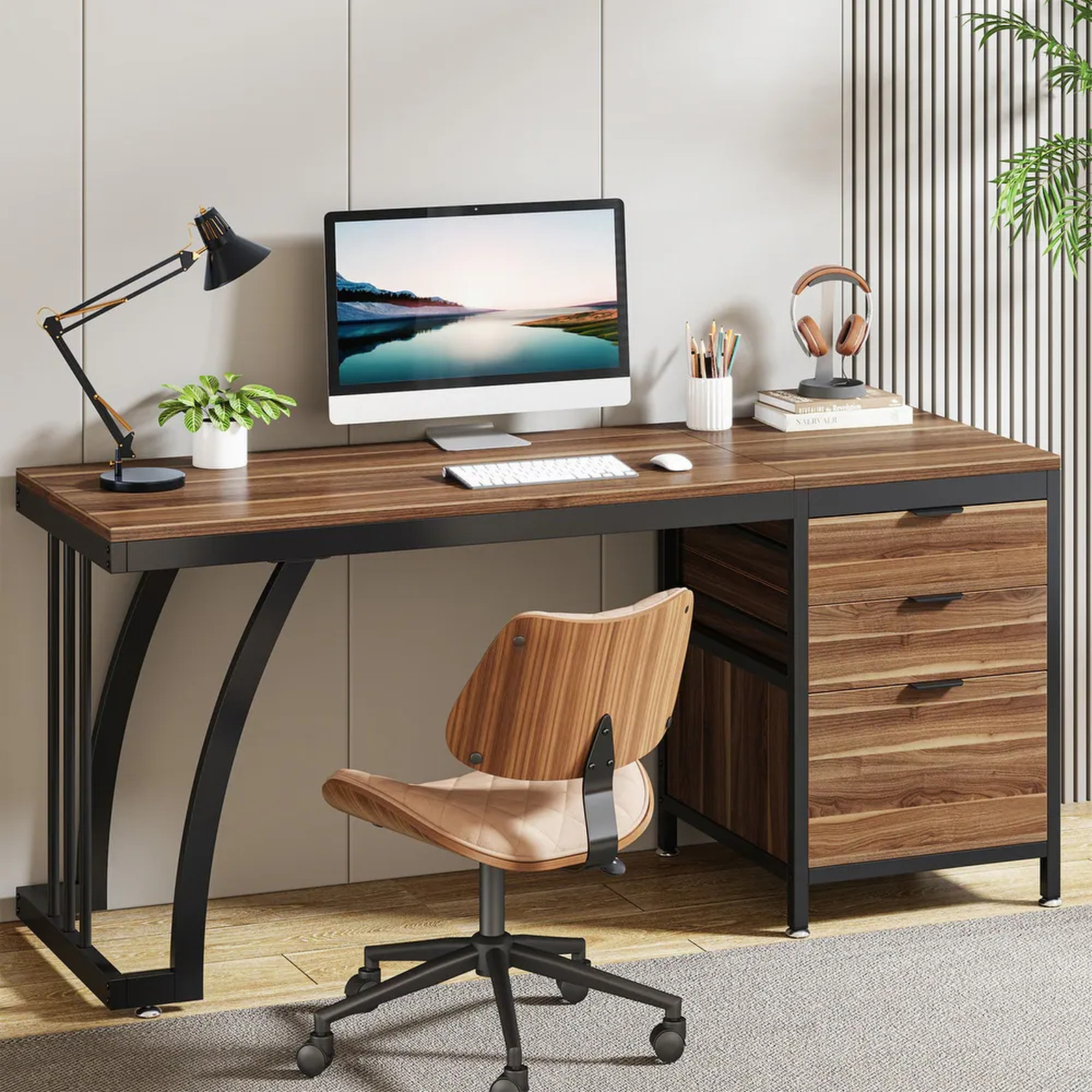 59″ Industrial Computer Desk 3 Drawers Large Writing Study Table Walnut Brown PC