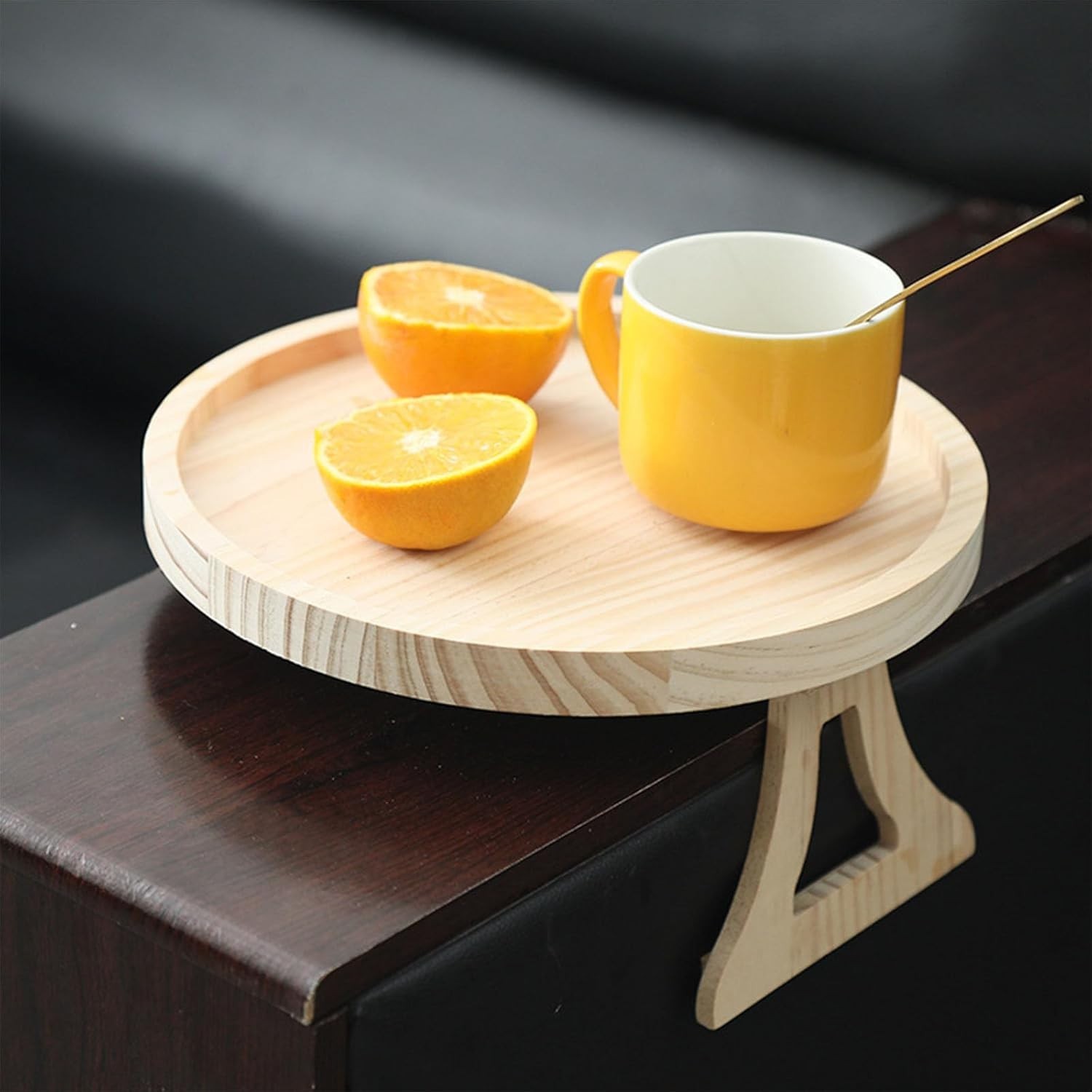 10 Inch Round Natural Wood Sofa Arm Tray Clip On Couch Armrest Side Table