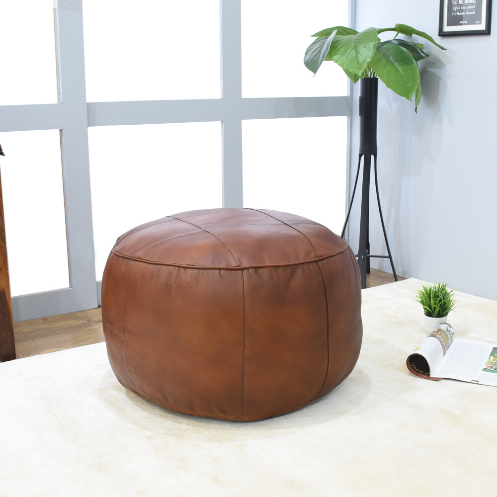 BBH HOMES HANDMADE ECO-FRIENDLY ROUND SHAPED STUFFED BUFFALO LEATHER COGNAC POUF