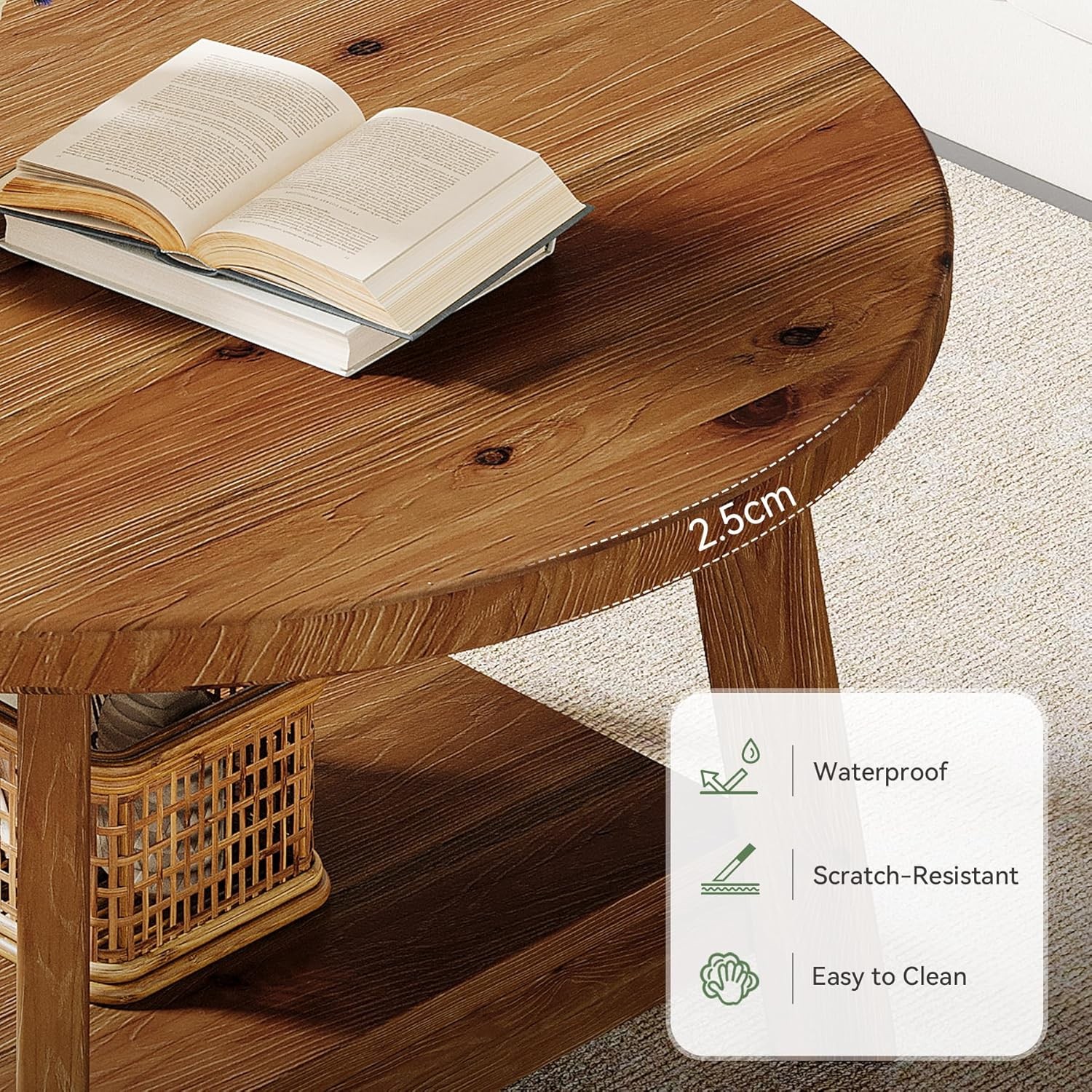 31.5 Inch Solid Wood Round Coffee Table, 2-Tier Farmhouse Circle Center Table