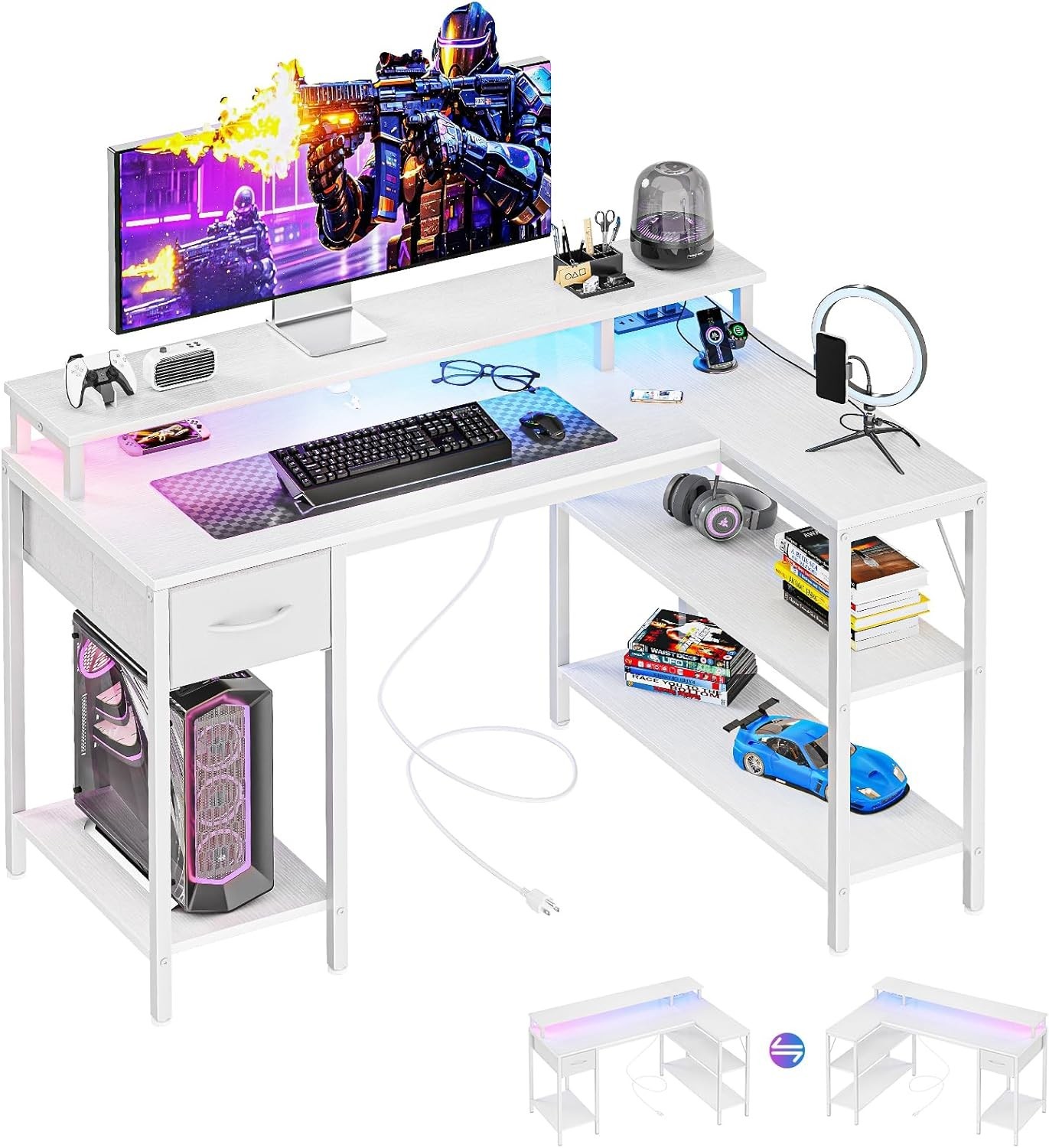 DUMOS 47″/53″ L Shaped Gaming Desk w/LED Light&Monitor Stand Shelf&Power Outlets