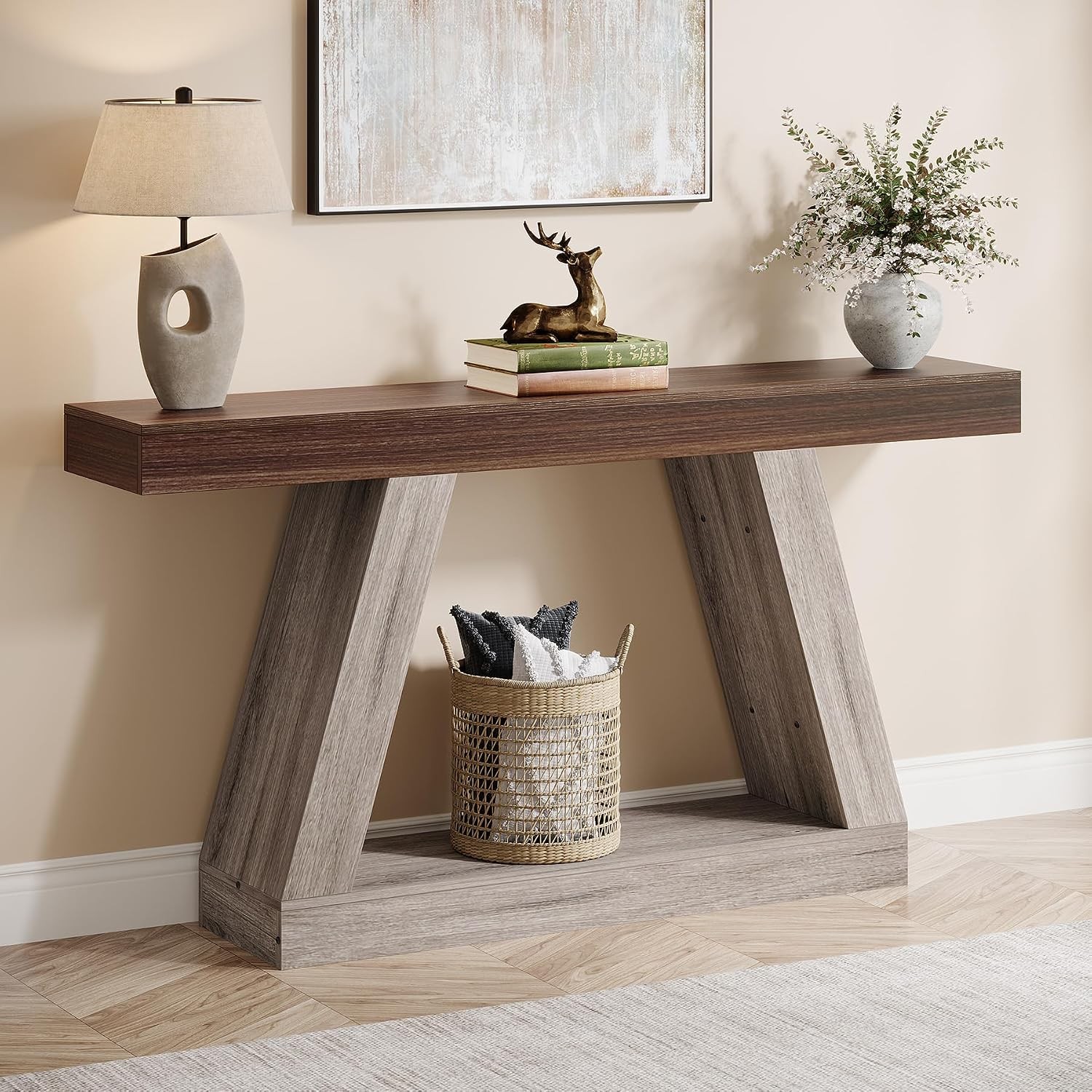 55” Farmhouse Console Table Wooden Entryway Sofa Table with Storage for Hallway