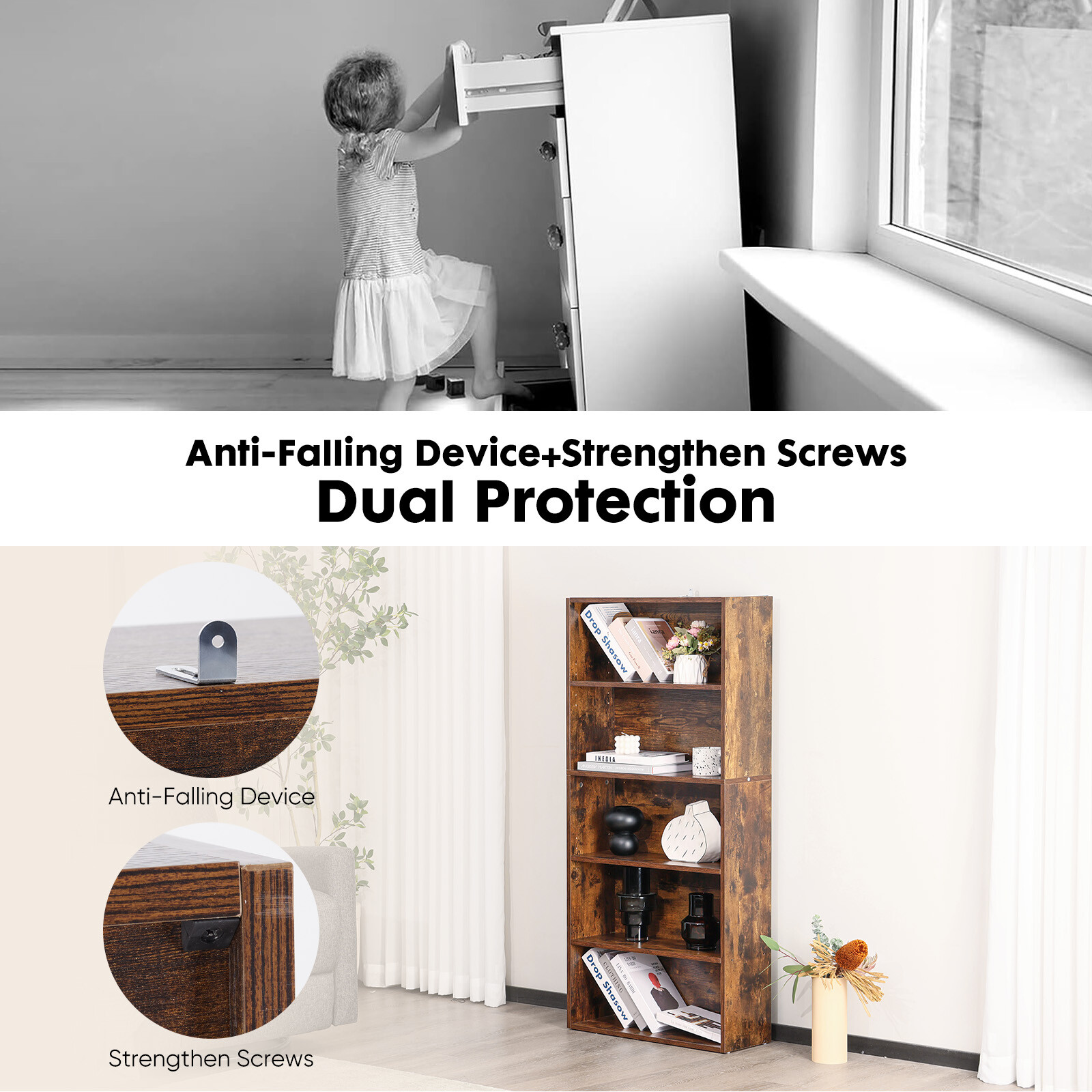 Bookshelf 5/6Tier Storage Shelf Adjustable Bookcase Open Wood Magazine Organizer