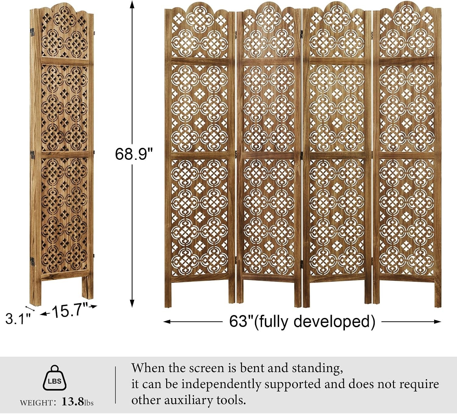 68.9Inch Folding Room Divider, 4 Panels Wood Carved Screens – Ideal Decorative