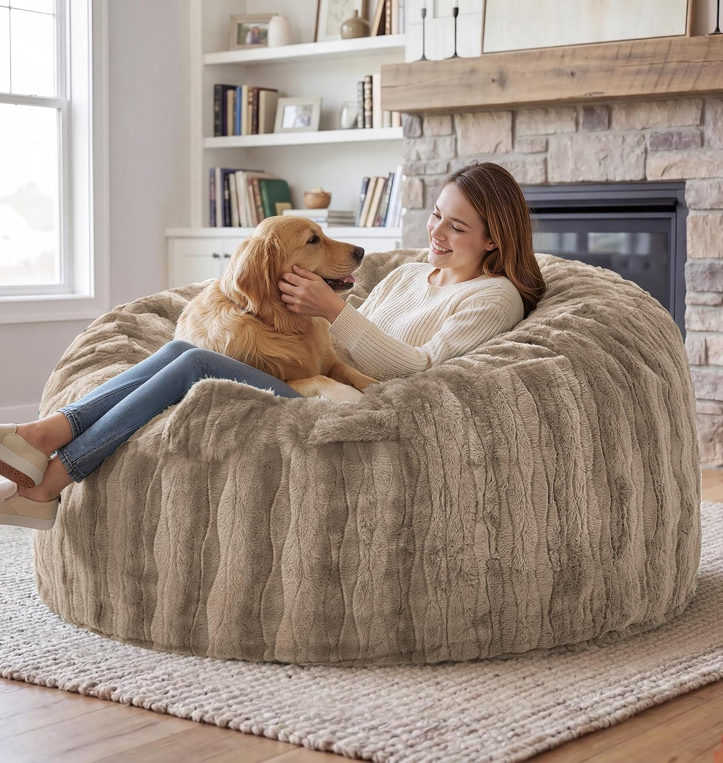 Adult Bean Bag Chairs 5FT Large Lounger, Wave Cover, Brown | Portable Handle, Re