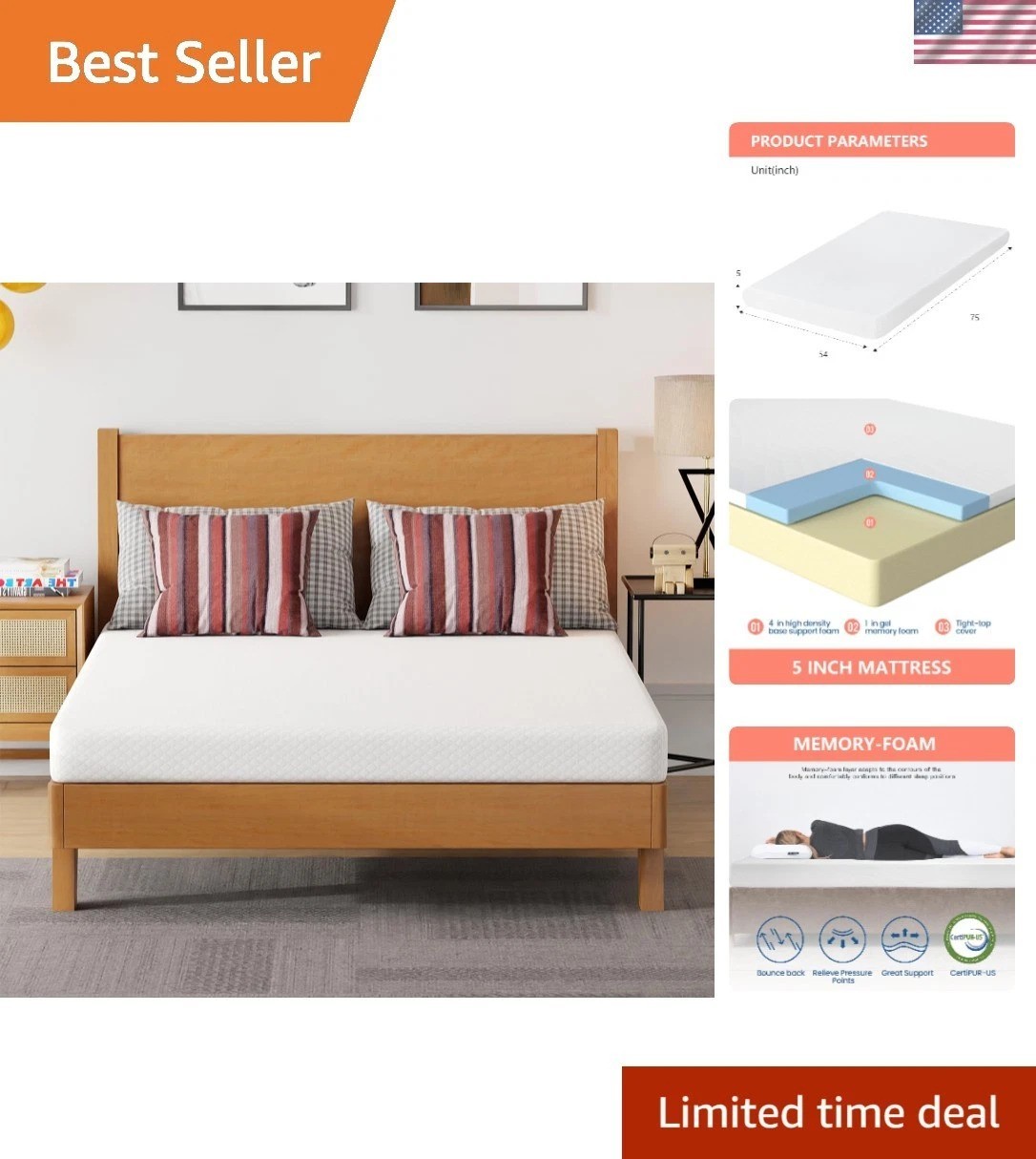 Ultimate 5 Inch Full Mattress | Medium Firm Cooling Gel Foam & Easy Care Cover