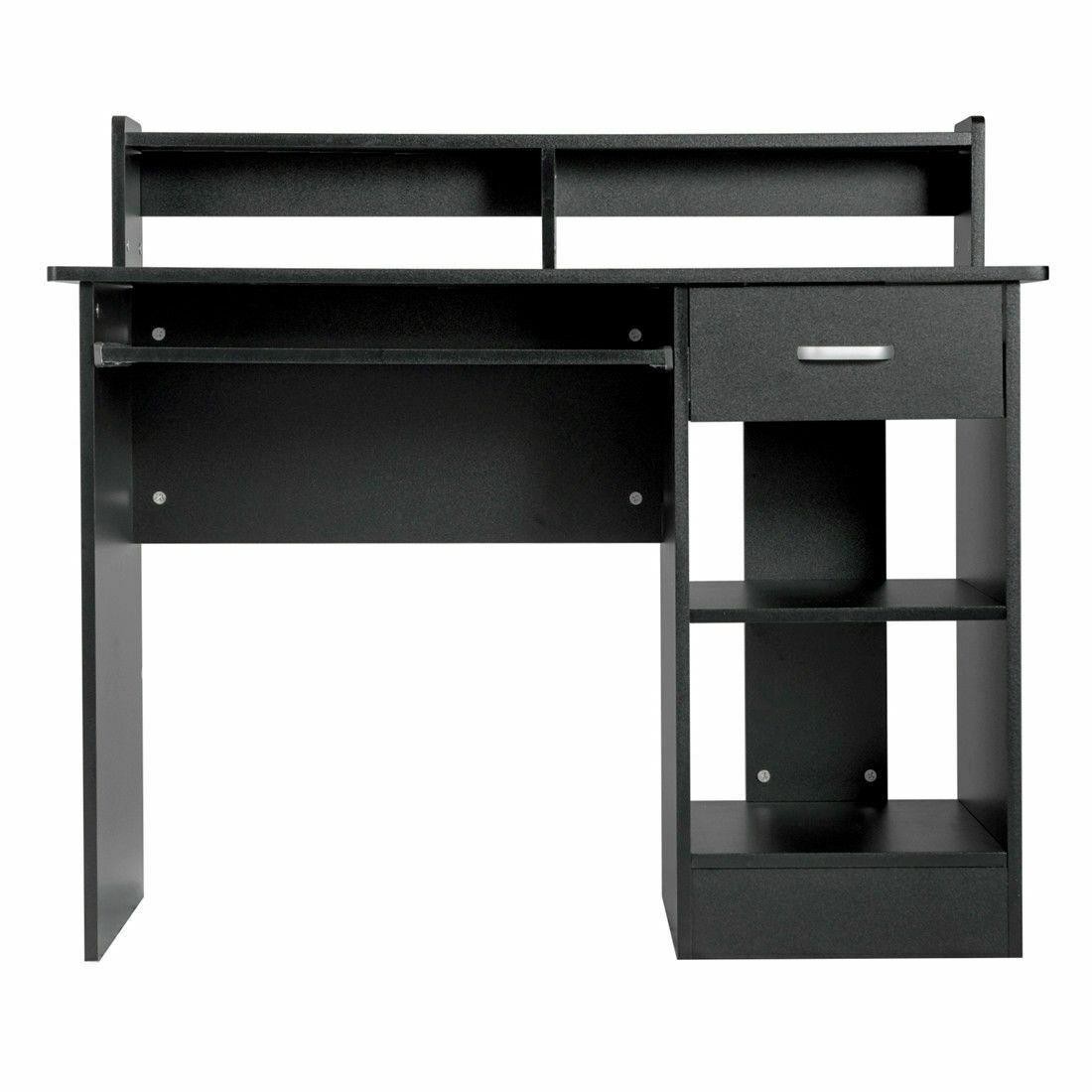 Black Computer Desk Study Table with Drawer & Storage Shelves for Home Office