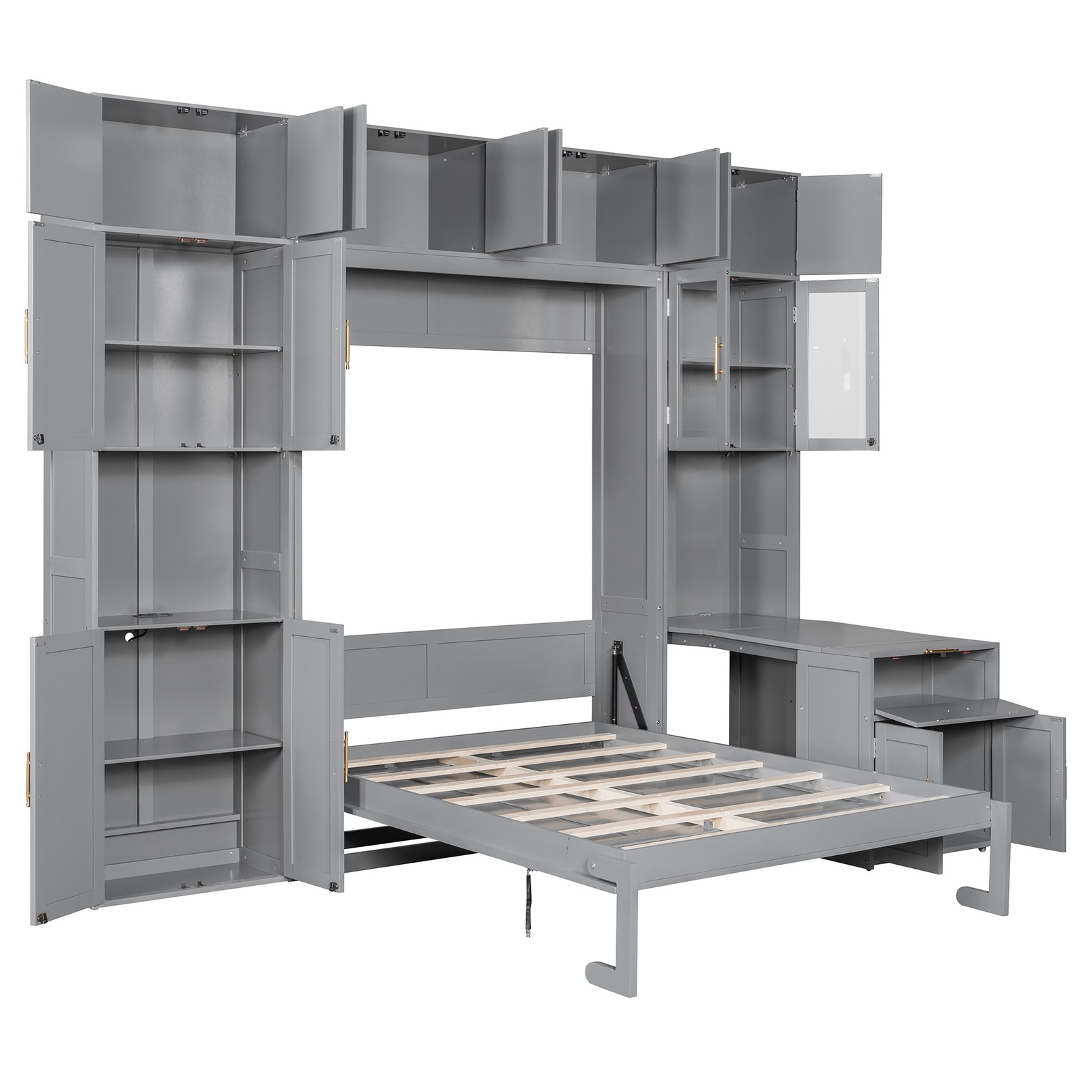 Full Size Murphy Bed with Desk & Storage Cabinets LED Light Wood Murphy Wall Bed