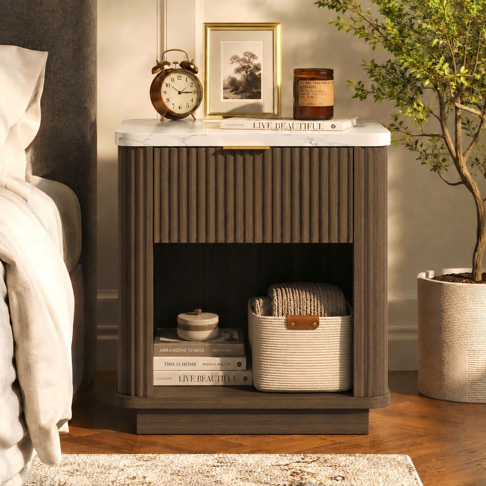 Natural Wood Finish Fluted Nightstand with Storage Drawer and Open Shelf