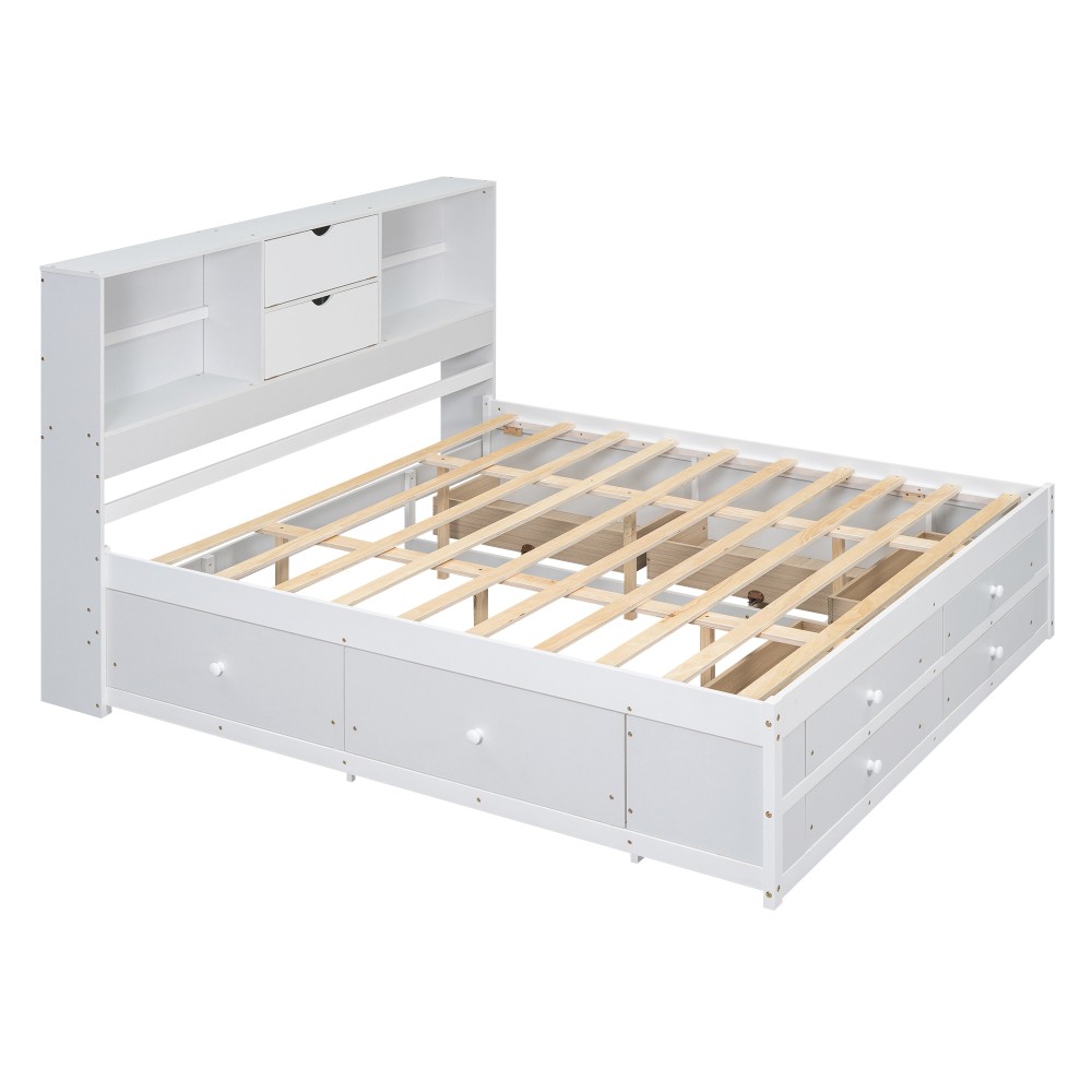 King Size Platform Bed with Storage Headboard and 8 Drawers, White / Gray