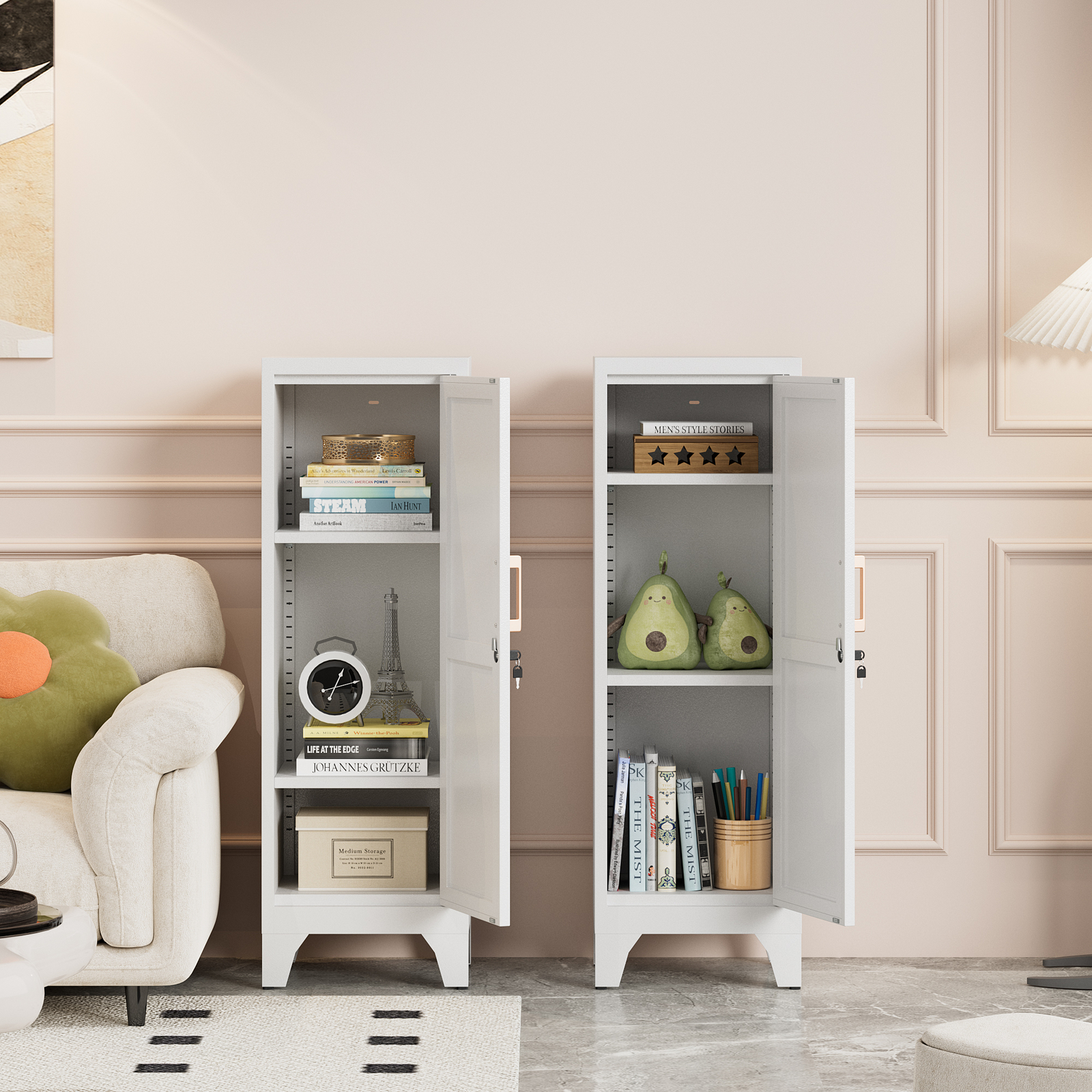 Metal Narrow Locking Storage Cabinet with 2 Shelves Bathroom Kitchen Small Space