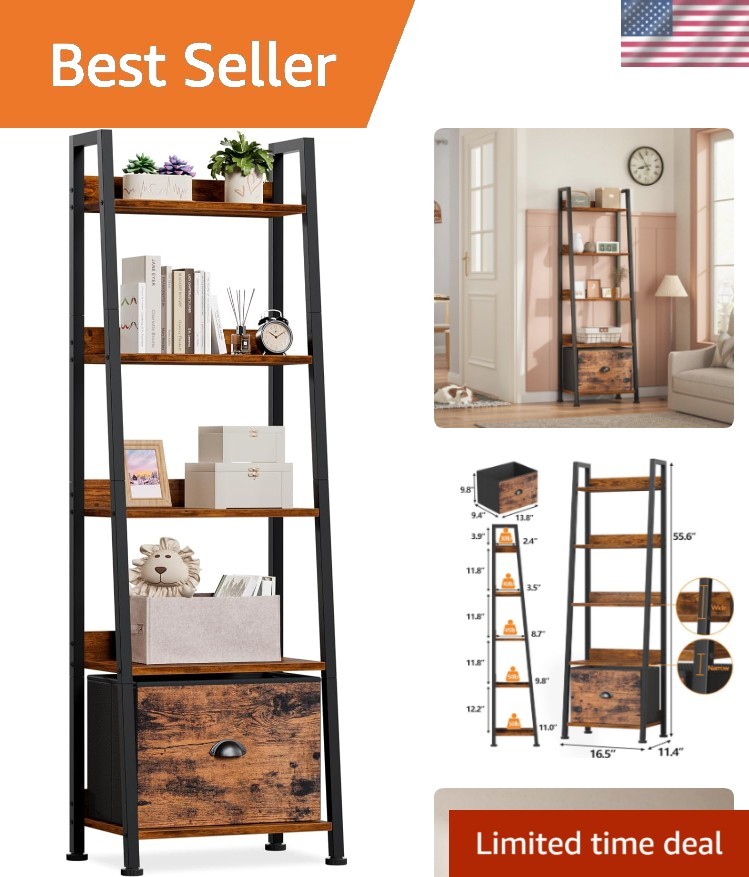 5-Tier Ladder Shelf, Ladder Bookshelf with Removable Drawer, Rustic Bookcase …
