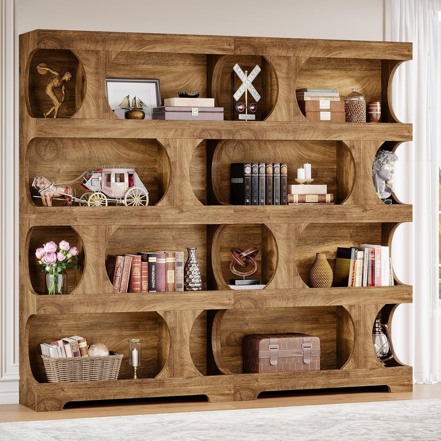 71″ Tall Wooden Bookcase, 4-Tier Large Bookshelf Freestanding Display Shelves