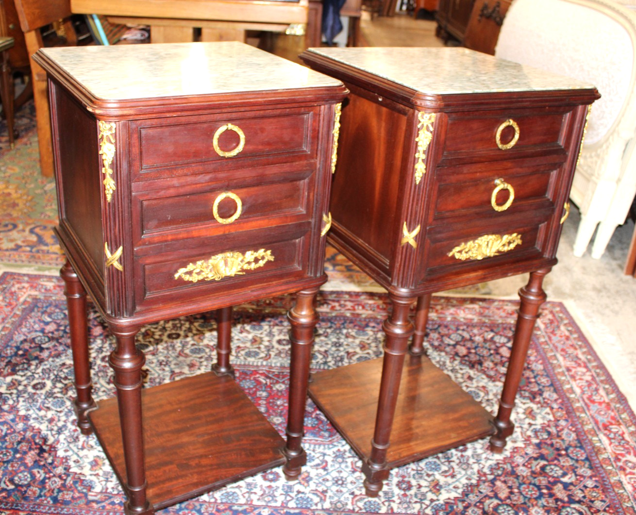 Pair of French Antique Louis XVI Mahogany Nightstands / Bedside Tables