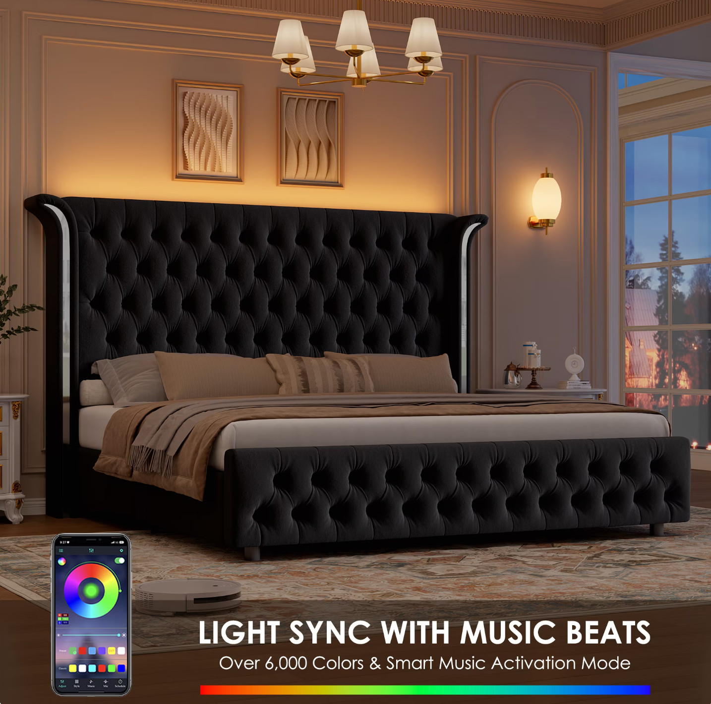 Marco De Cama King Size Plataforma Tapizada en Terciopelo Cama Cabecera LED