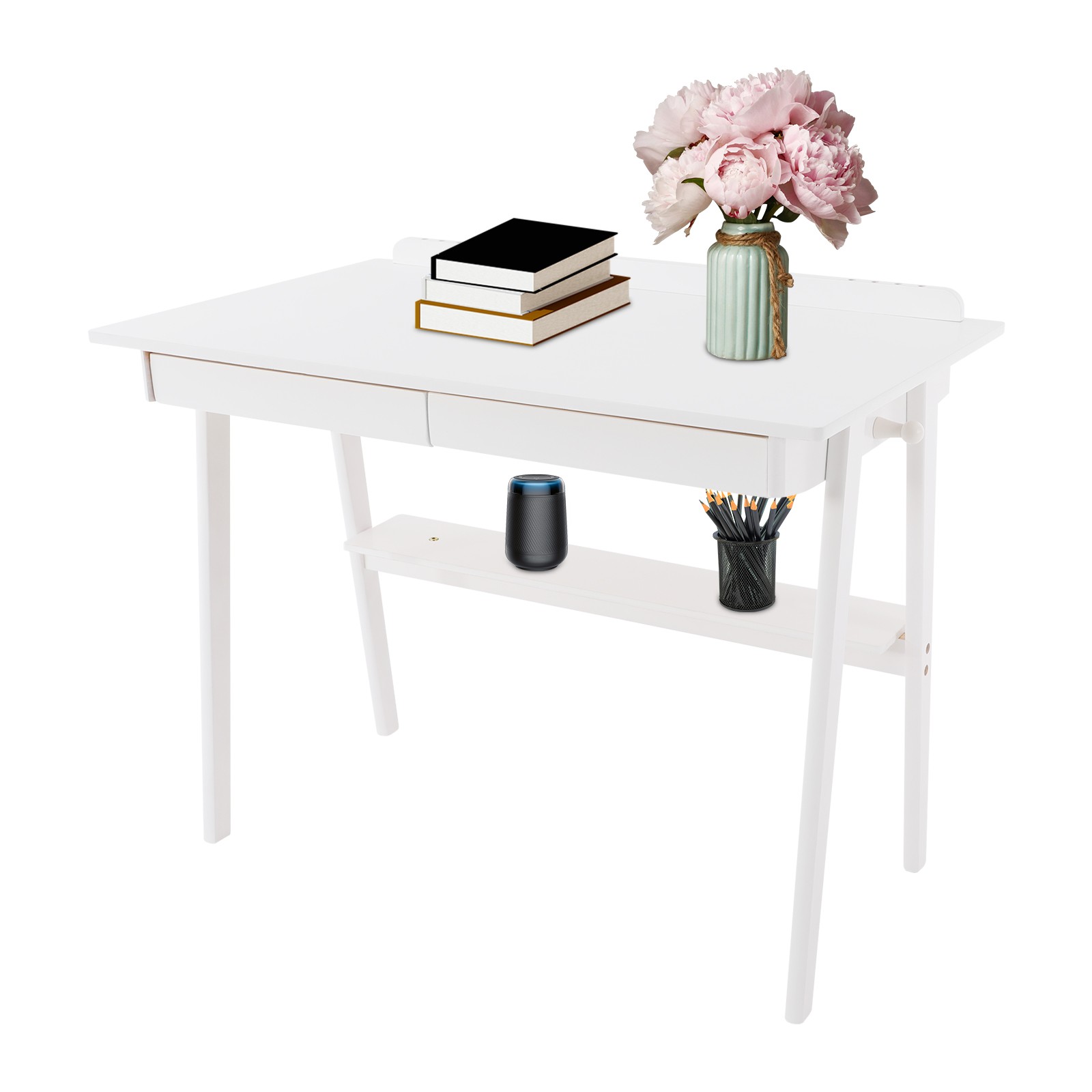 White Folding Desk For Home Office 100x60cm With Storage Shelf And Hooks