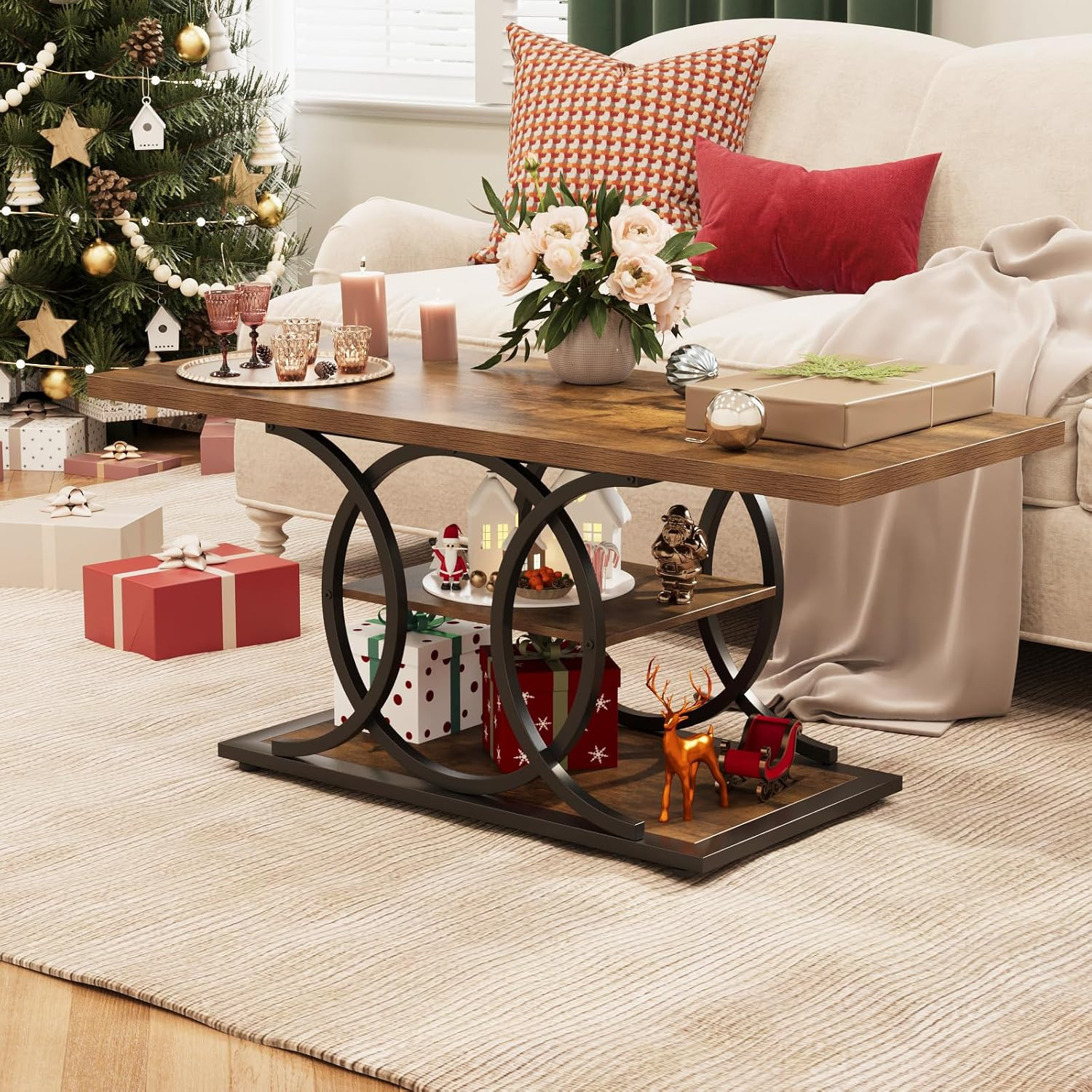 Rustic 3-Tier Coffee Table with Storage, Industrial Design for Living Room