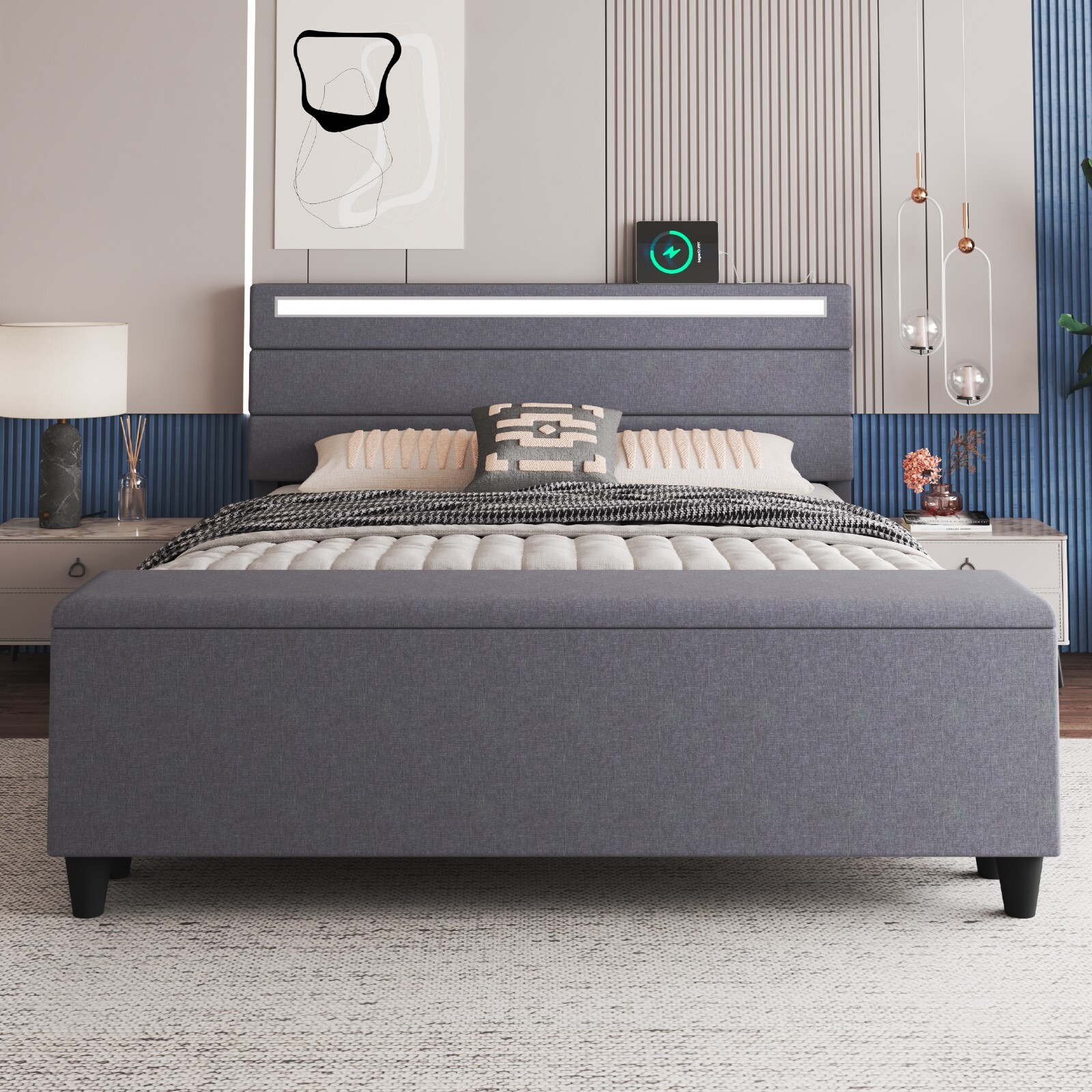 Full/Queen Size Bed Frame with Storage Upholstered Headboard with LED Lights