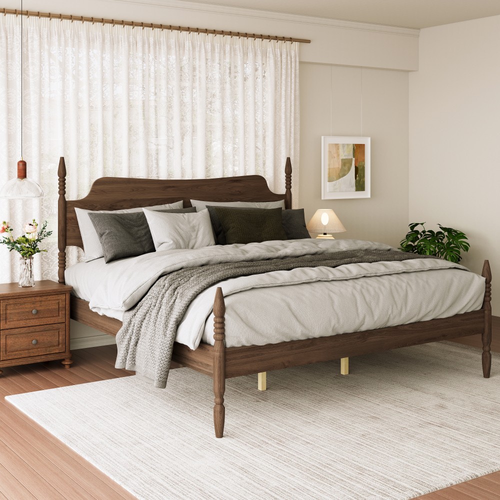 King Size Platform Bed Frame with Walnut Headboard & Spindle Design