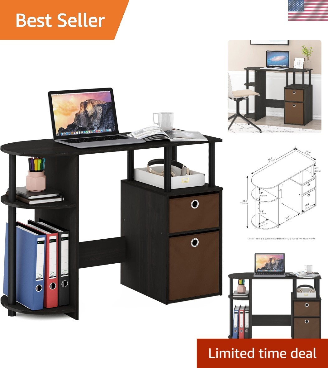 JAYA Sturdy 38.4″ Wide Study Desk with Side Shelf & Bins – Space-saving Design
