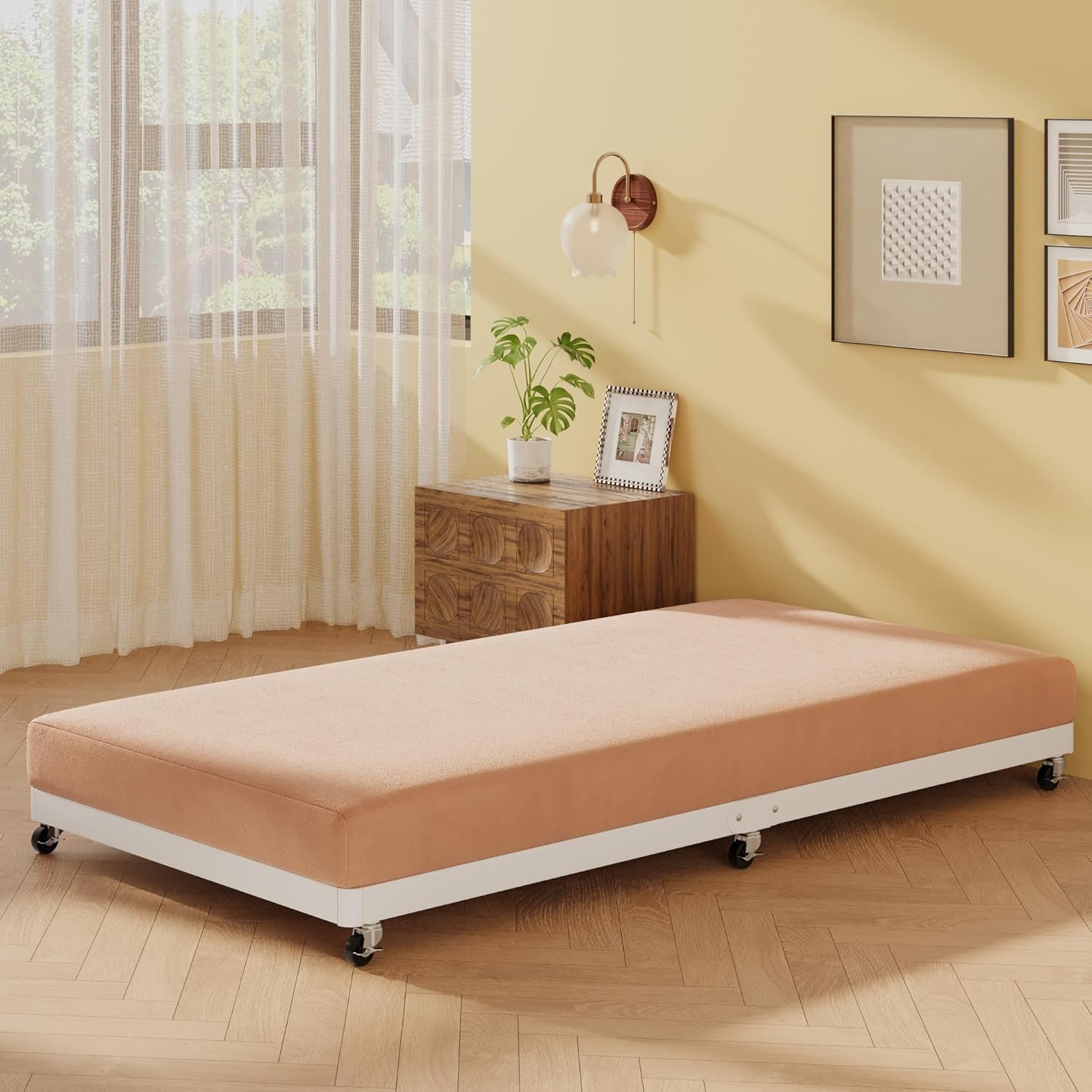 Trundle Bed Twin with 6 Lockable Casters, Roll Out Twin Trundle Bed Frame with