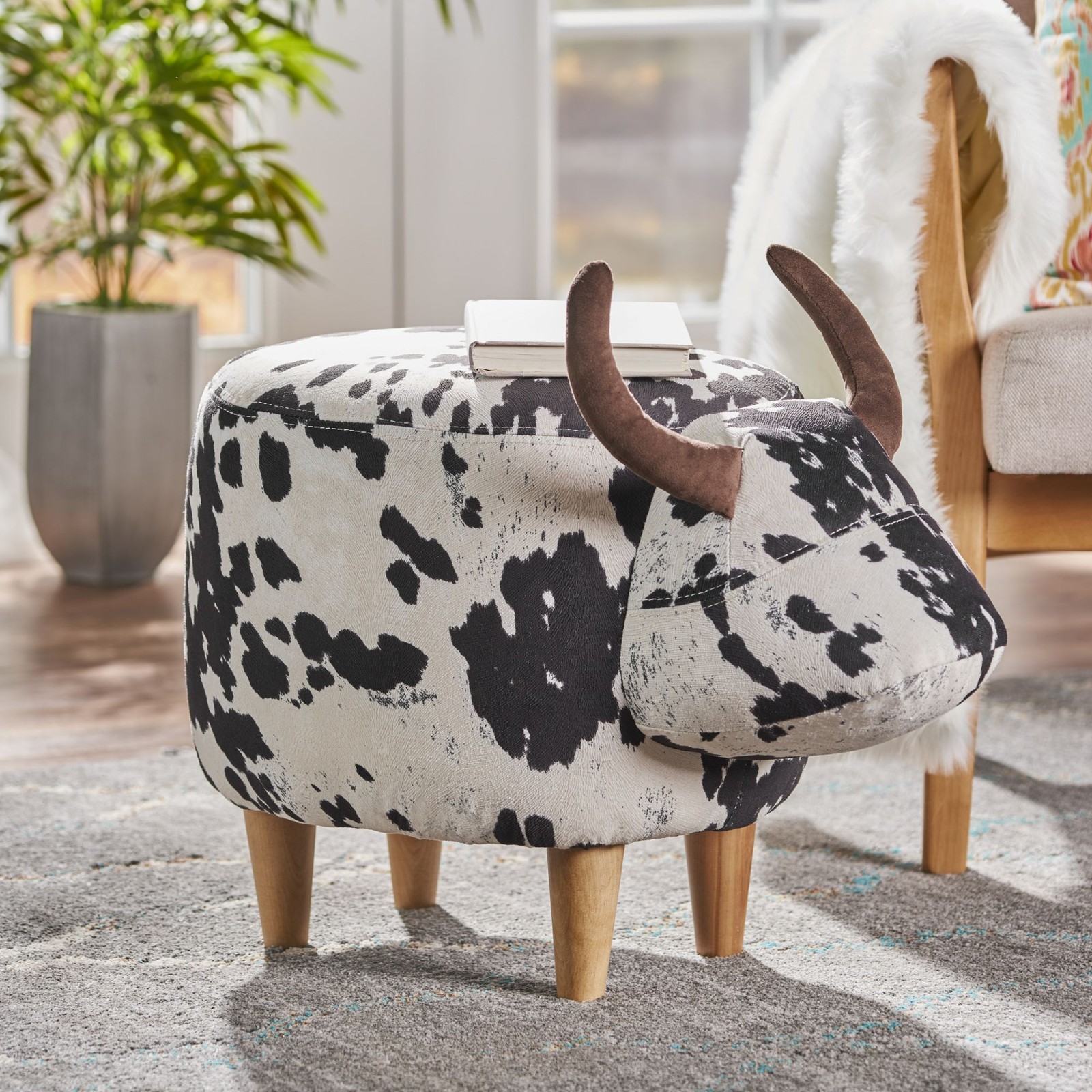 Cow Shaped Ottoman Cute Animal Footstool Wood Seat for Shoe Changing Entryway