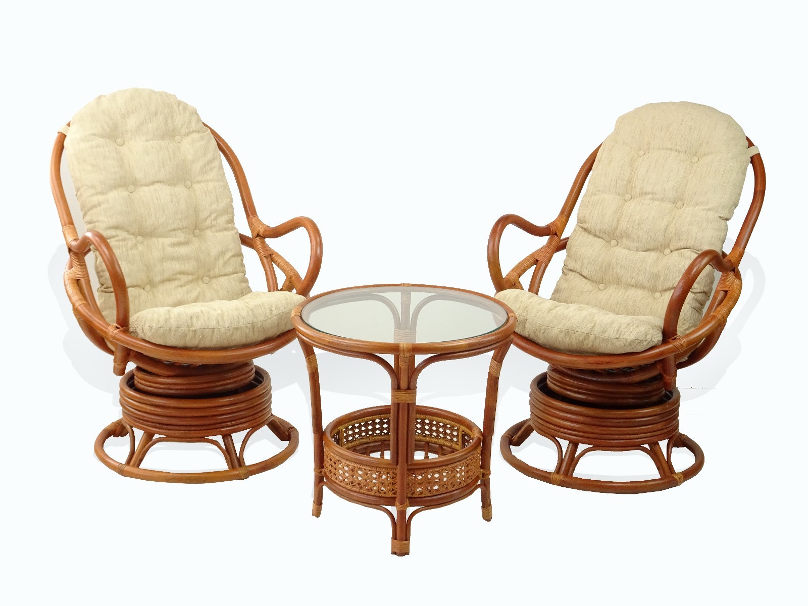 Lounge Java Set of 2 Swivel Rocking Chairs Wicker Rattan and Coffee Table,Cognac
