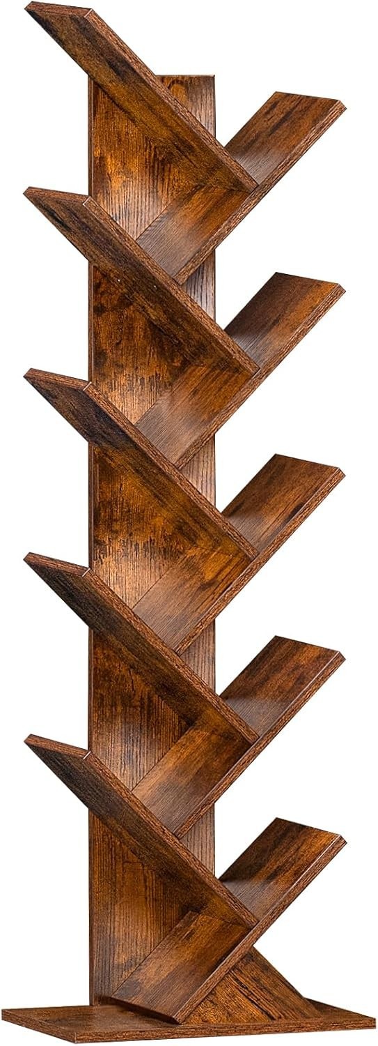 Retro Brown 10-Tier Tree Book Shelf, Perfect for Narrow Living Spaces & Offices