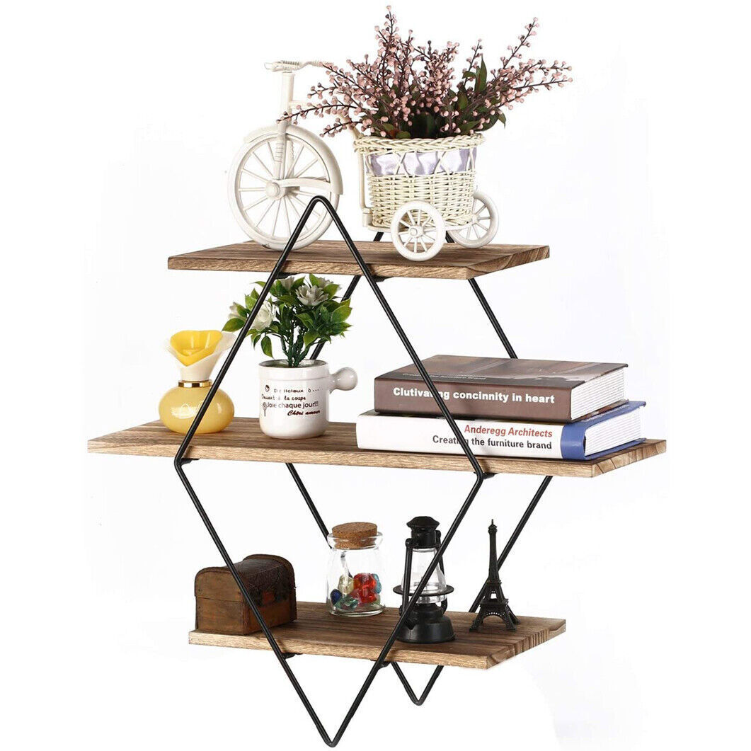 Geometric Diamond Wall Shelves 3 Tier Hanging Floating Display Shelf Decor 20″