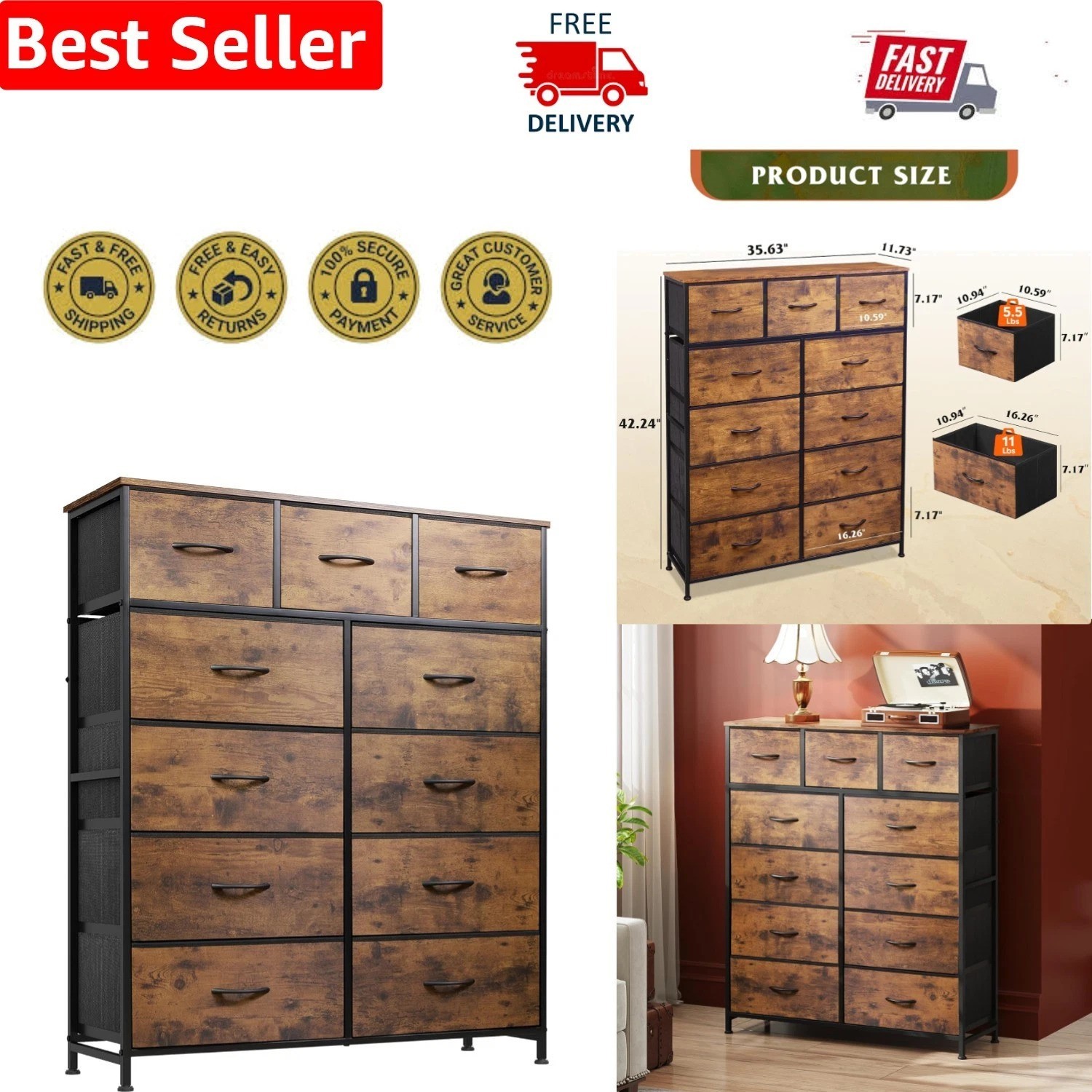 Elegant Tall Dresser & Fabric Storage Tower with 11 Drawers in Rustic Brown