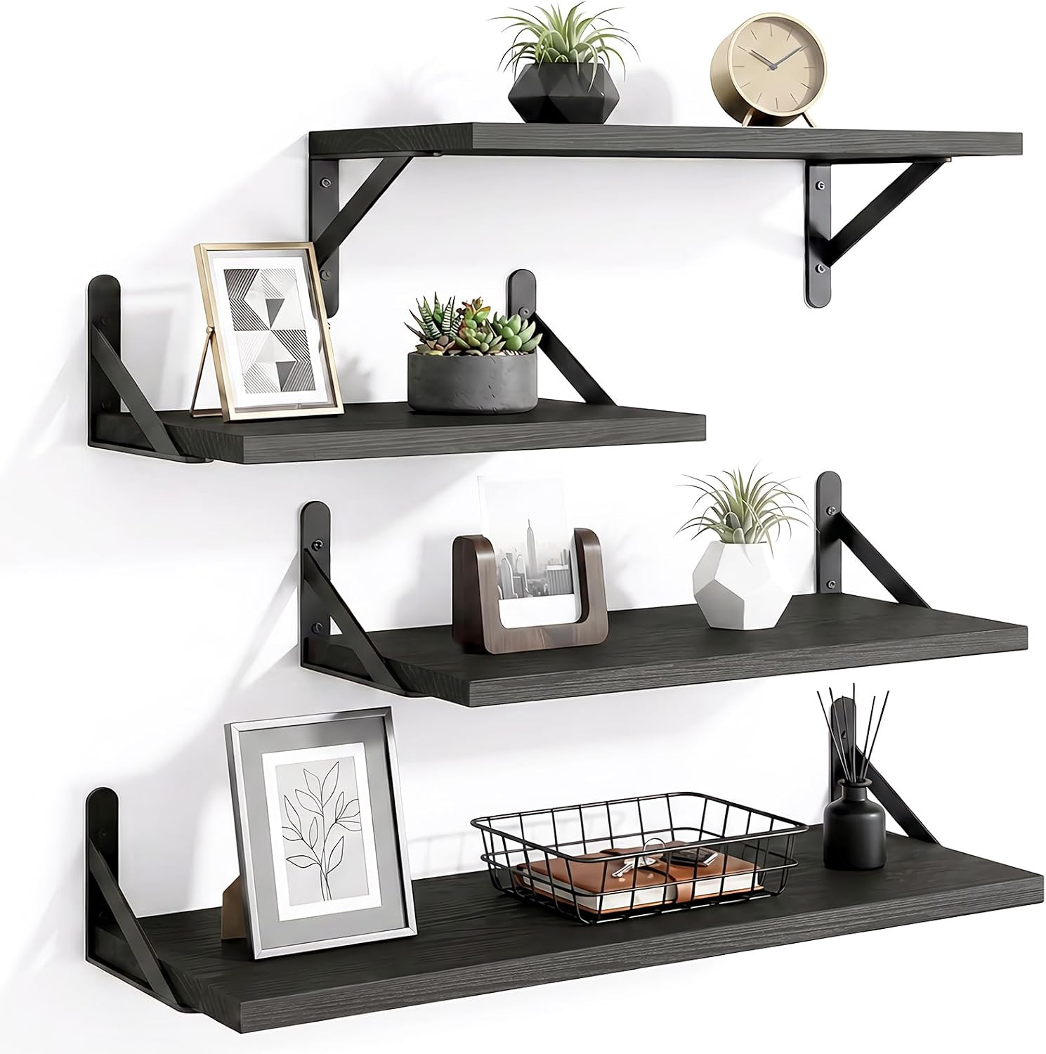 4 Different Sizes Floating Shelves for Wall Home Decor, Black | Rustic Wood Shel