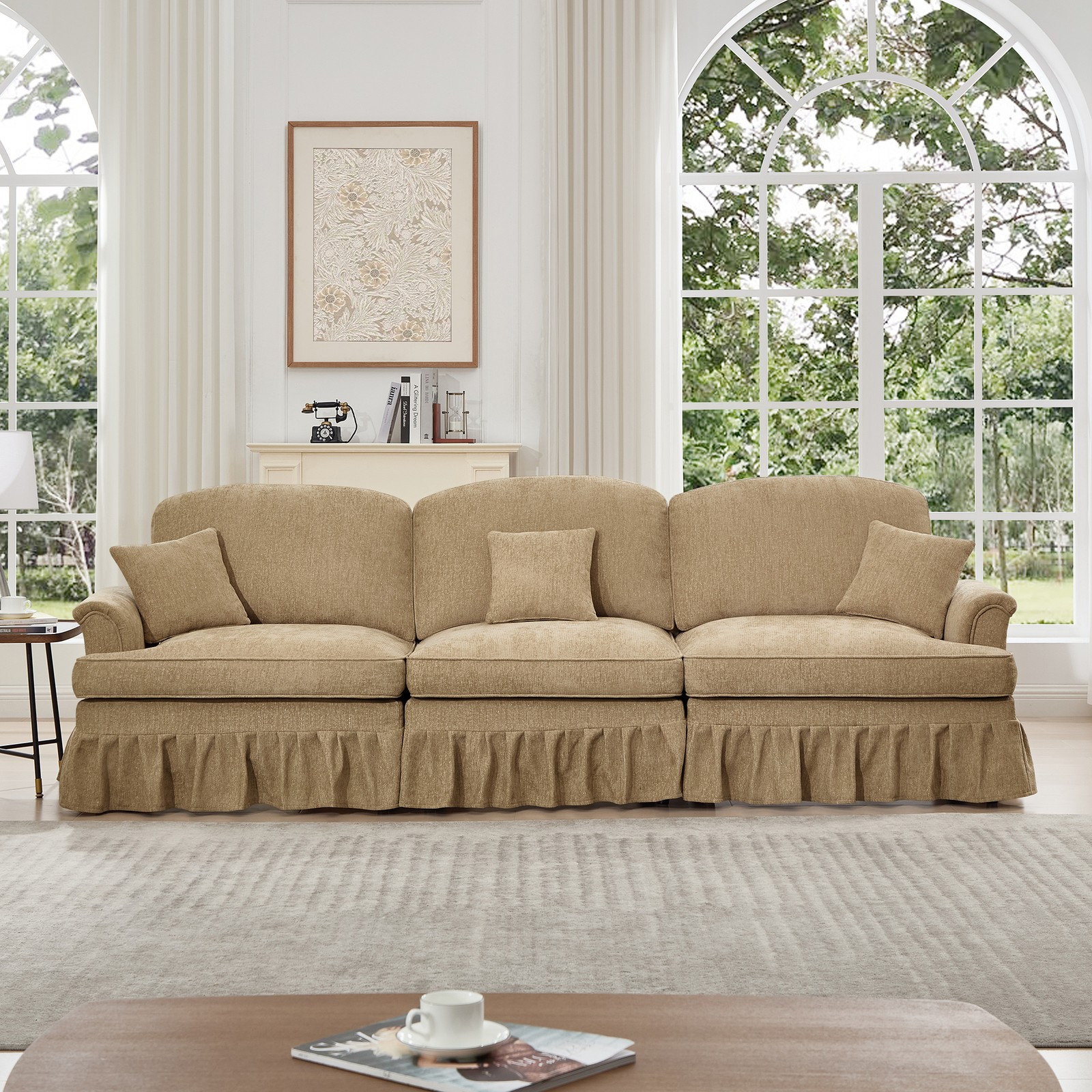 Mid-Century Chenille 3 Seater Sofa w/ Removable Ruffles, Light Coffee