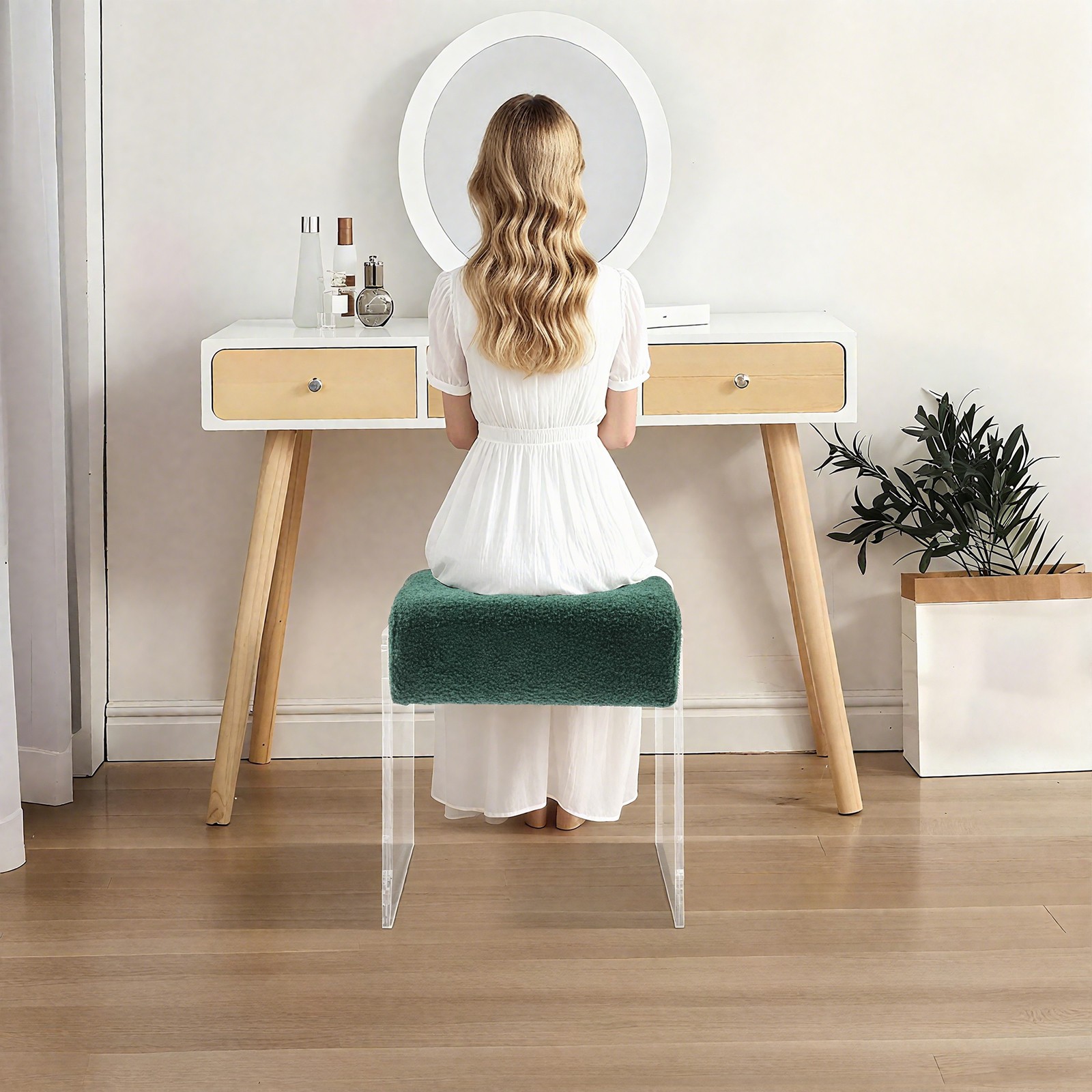 Makeup Stool Modern Minimalist Acrylic Chair Multi-functional Vanity w/ Cushion