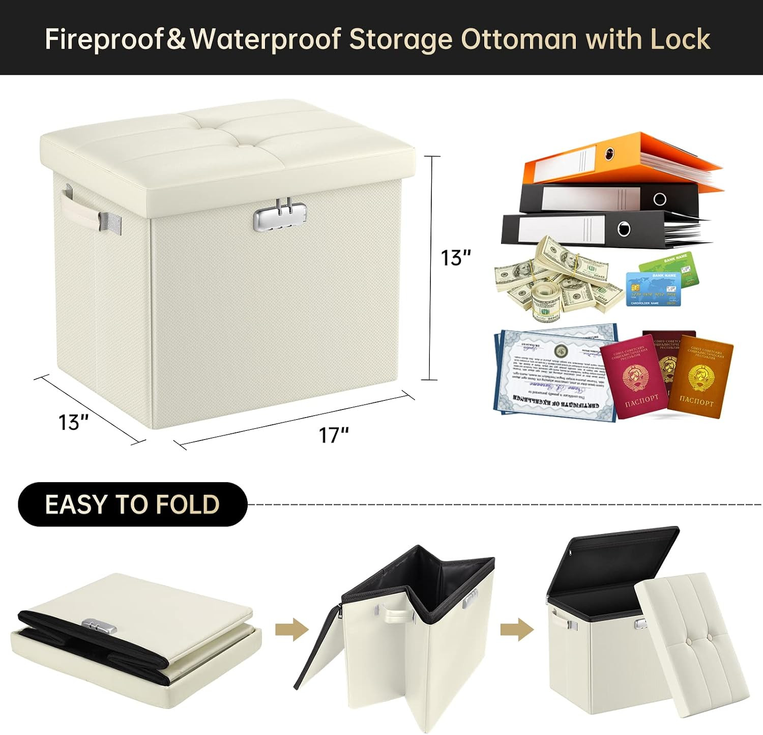 Storage Ottoman with Lock,Fireproof＆Waterproof 17 Inches Folding Storage Box wit
