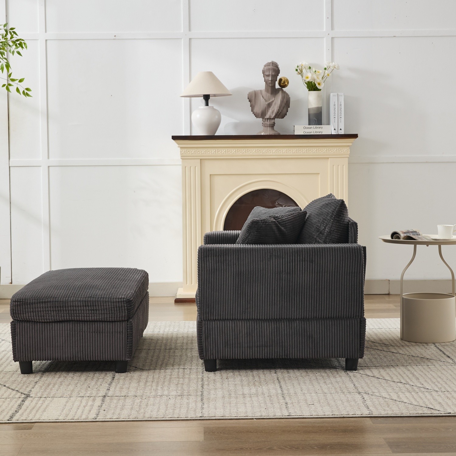 Modern Upholstered Chaise Lounge Armchair with Storage Ottoman for Living Room