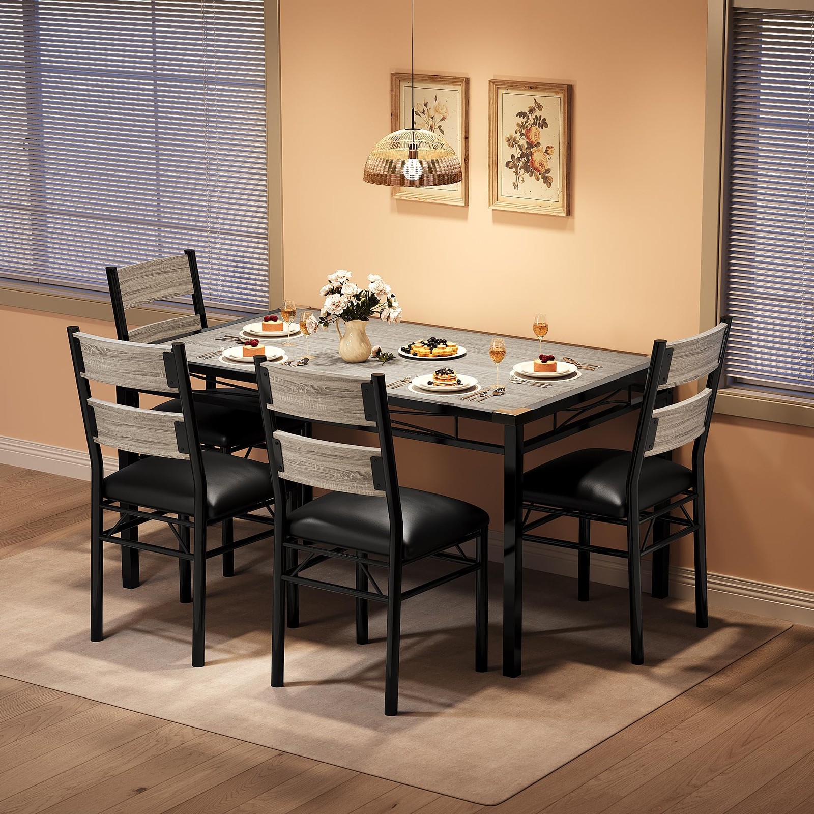 Dining Table Set for 4 with Upholstered Chairs Wood Kitchen Table Chairs Set