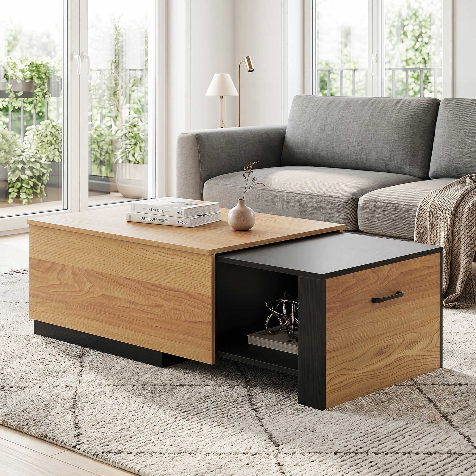 Extendable Coffee table, 21.5”-43.5” Adjustable Length, Low Profile Center Table